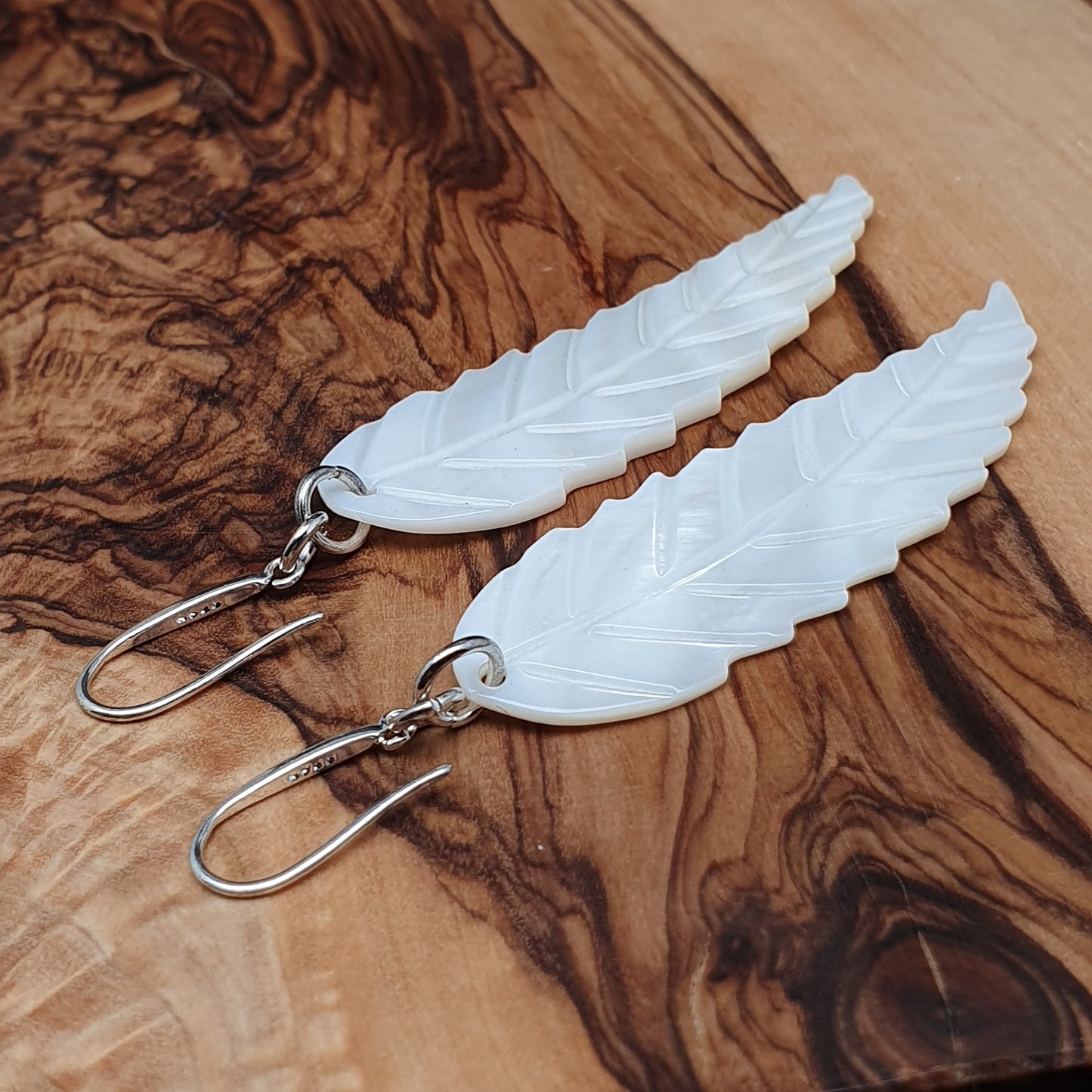 Long White Leaf Shell Earrings Carved Natural Mother of Pearl