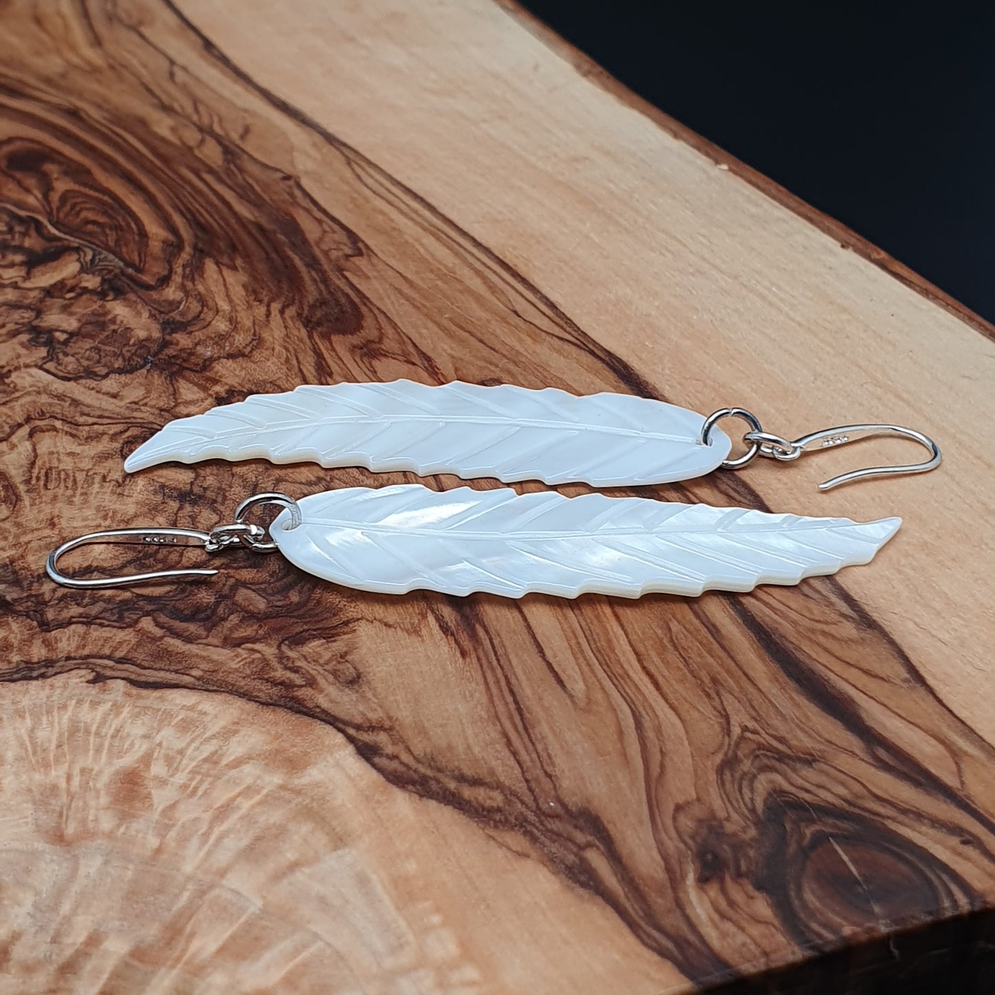 Long White Leaf Shell Earrings Carved Natural Mother of Pearl