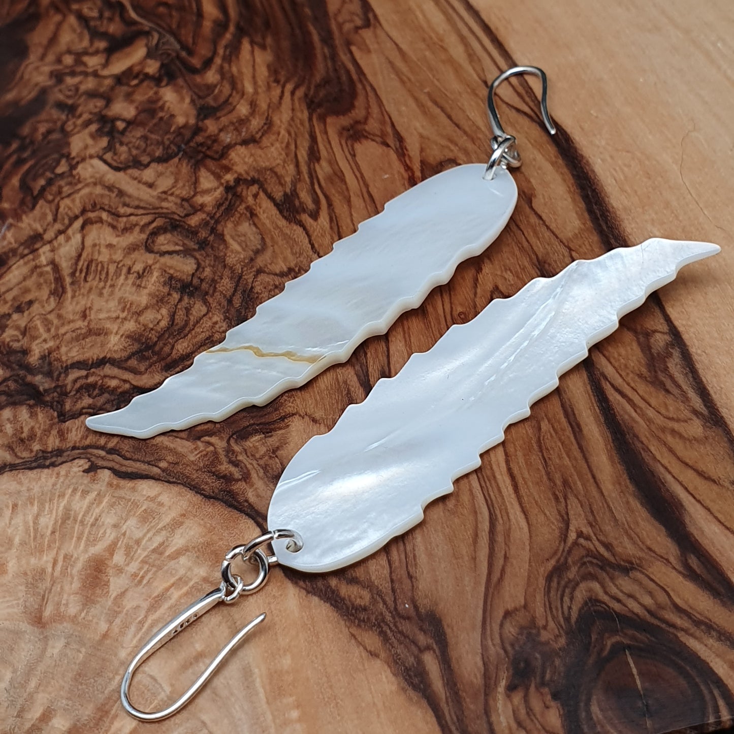 Long White Leaf Shell Earrings Carved Natural Mother of Pearl