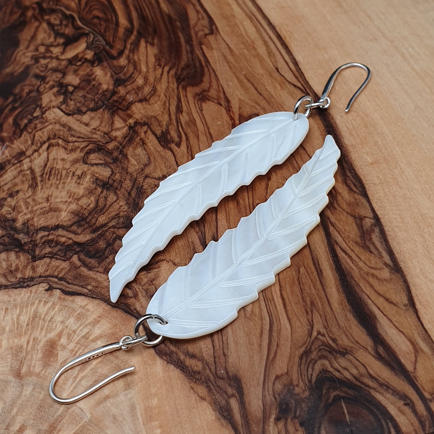 Long White Leaf Shell Earrings Carved Natural Mother of Pearl