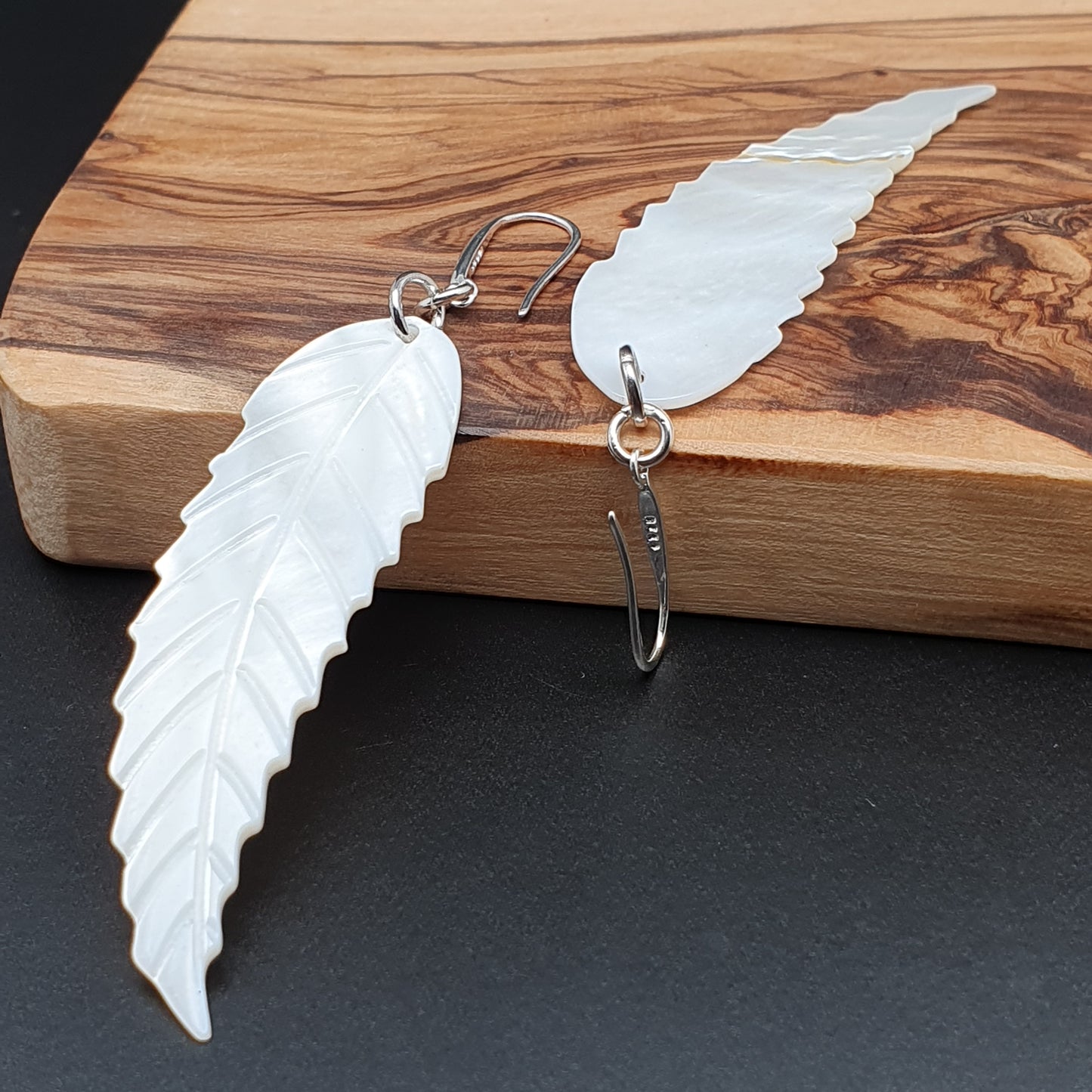 Long White Leaf Shell Earrings Carved Natural Mother of Pearl