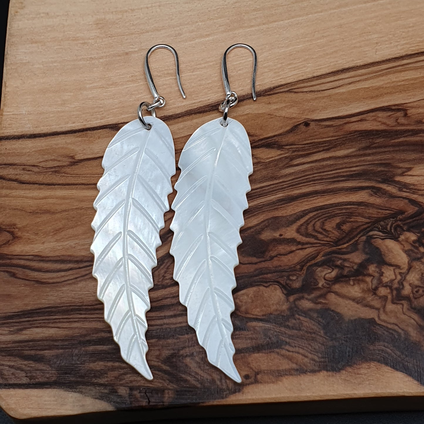 Long White Leaf Shell Earrings Carved Natural Mother of Pearl