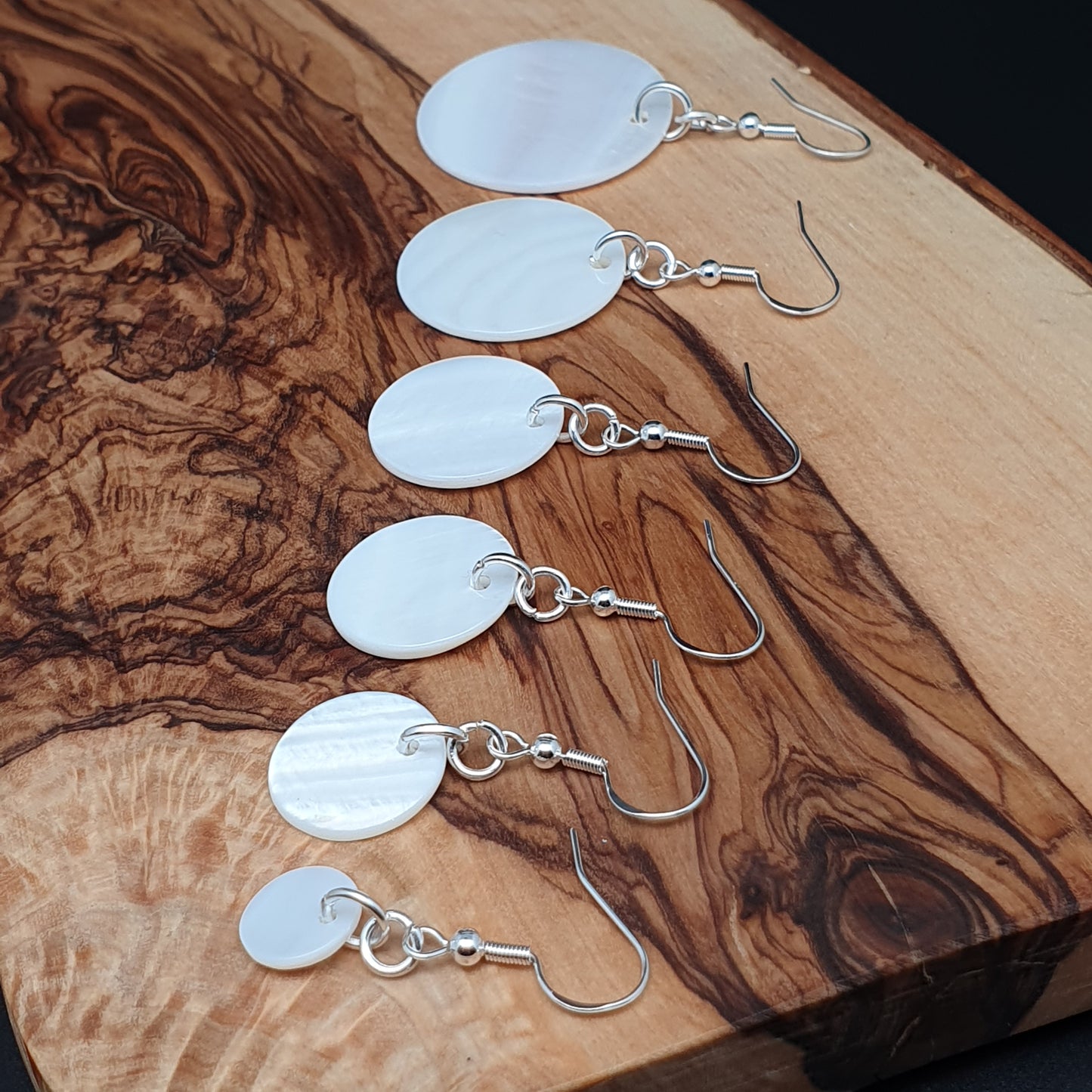 White Mother Of Pearl Disc Earrings Dangle Drop Round Shell