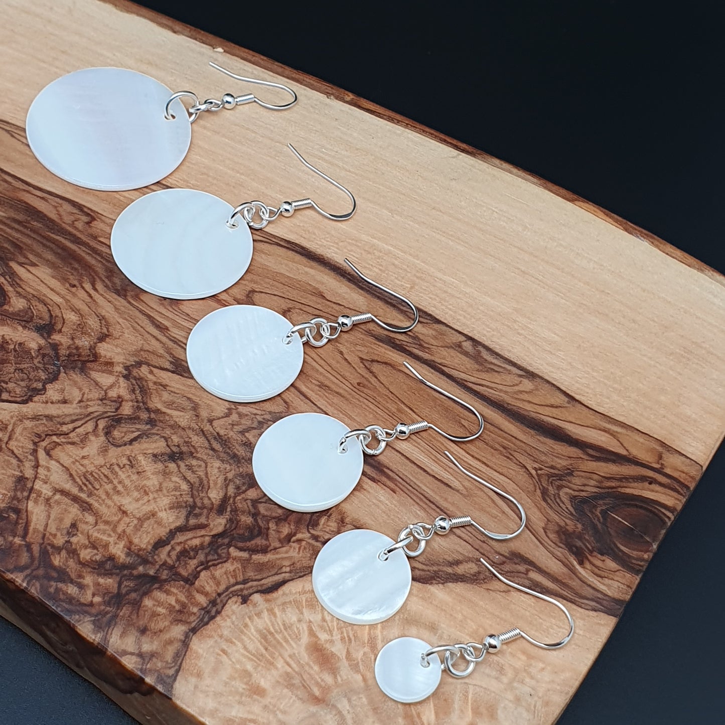 White Mother Of Pearl Disc Earrings Dangle Drop Round Shell