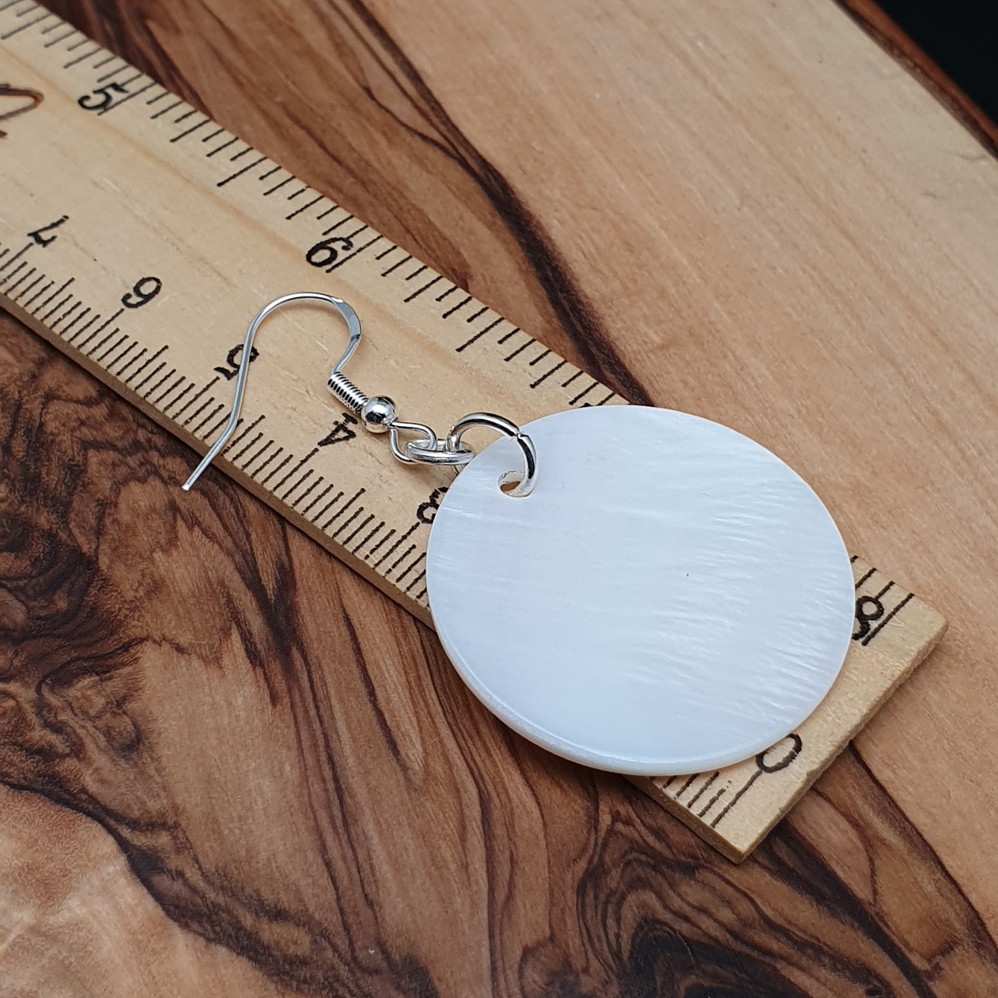 White Mother Of Pearl Disc Earrings Dangle Drop Round Shell