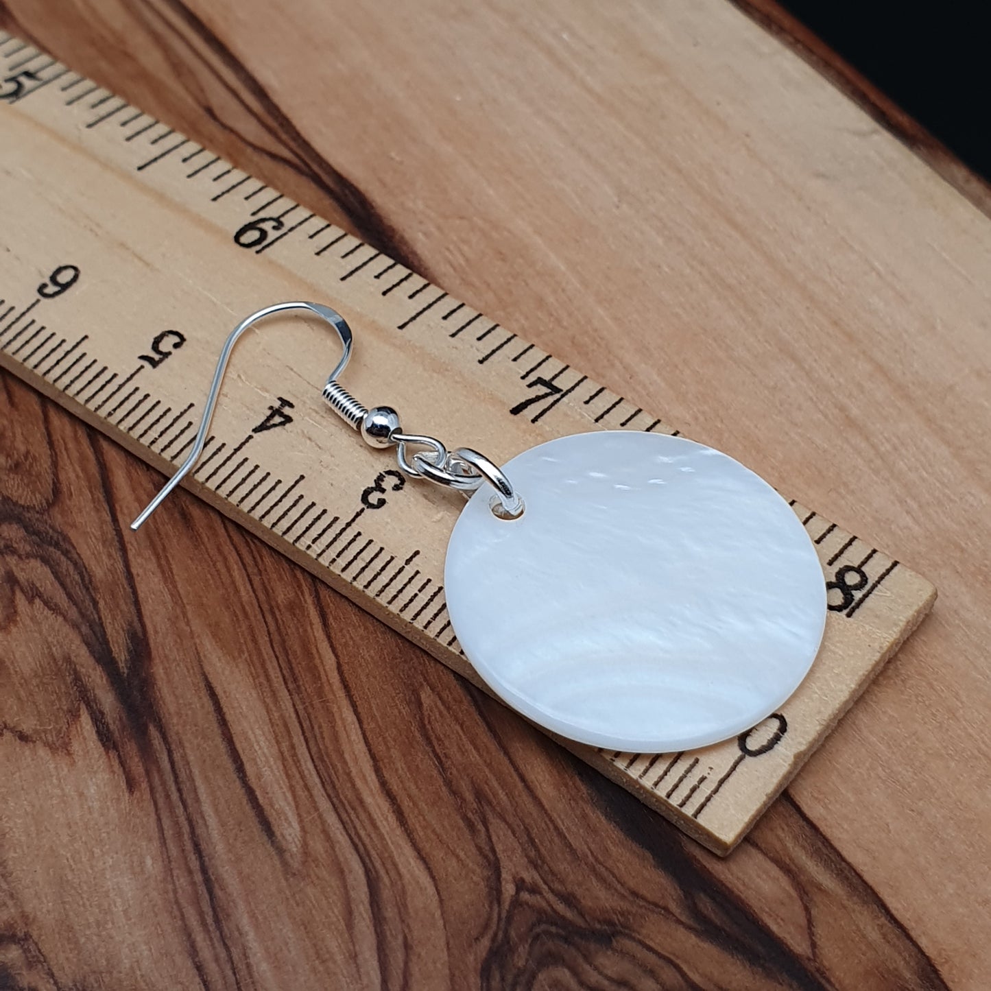 White Mother Of Pearl Disc Earrings Dangle Drop Round Shell