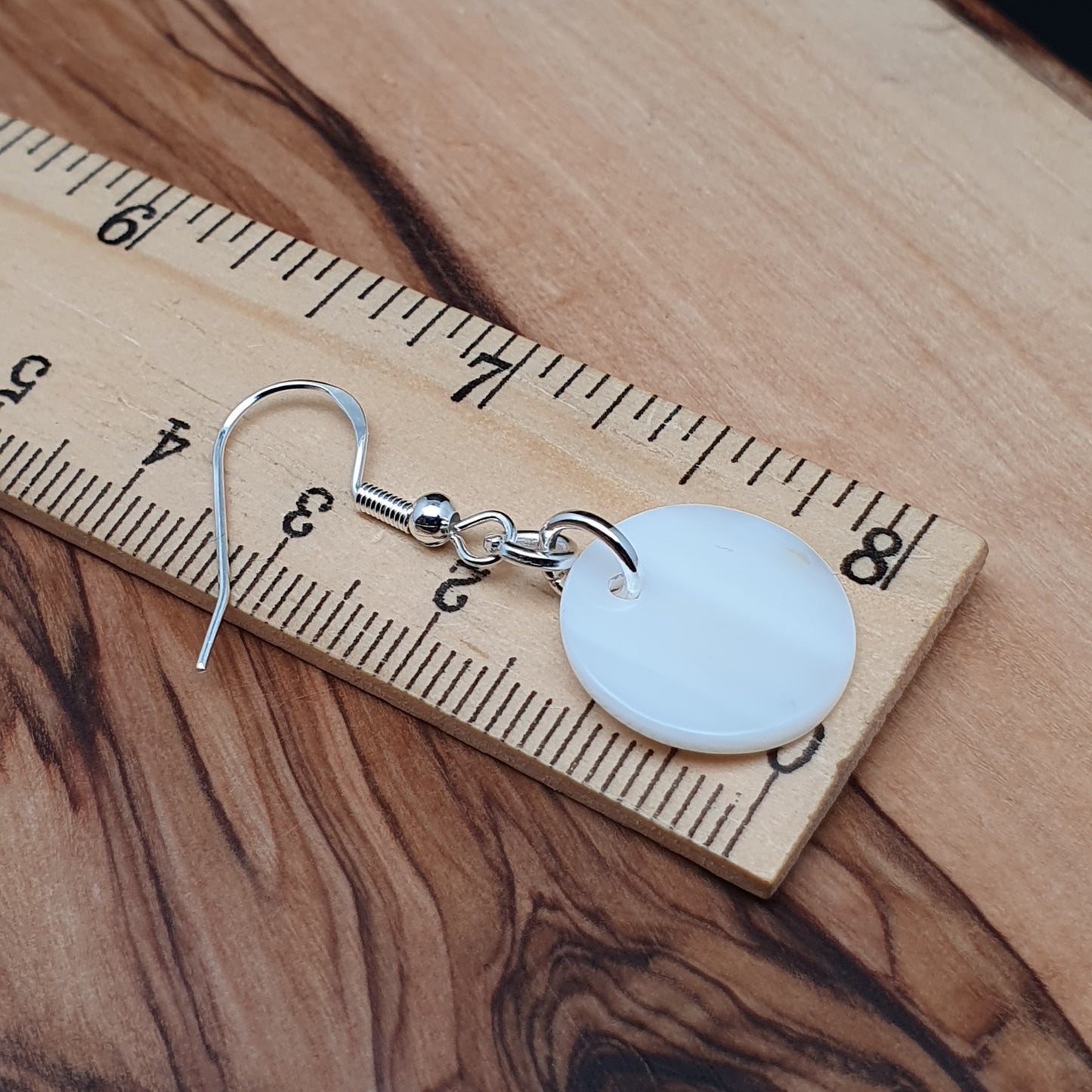 White Mother Of Pearl Disc Earrings Dangle Drop Round Shell