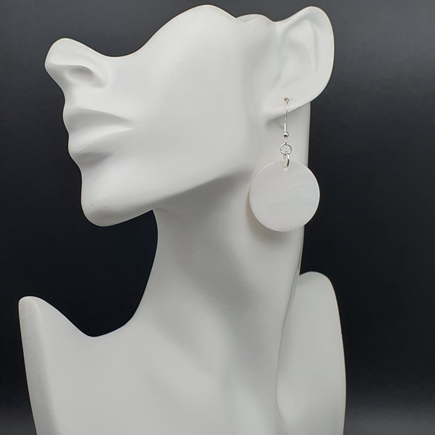 White Mother Of Pearl Disc Earrings Dangle Drop Round Shell