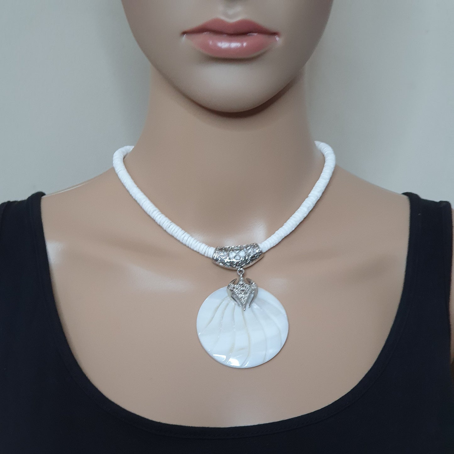 White Mother Of Pearl Beaded Collar Necklace Large Round Pendant Adjustable Strand