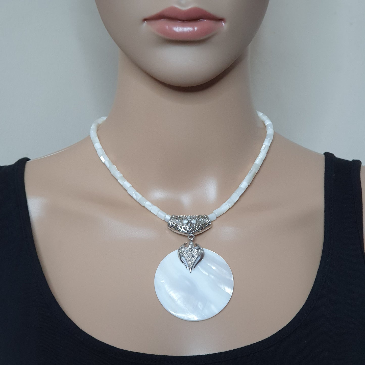 White Mother Of Pearl Beaded Collar Necklace Large Round Pendant