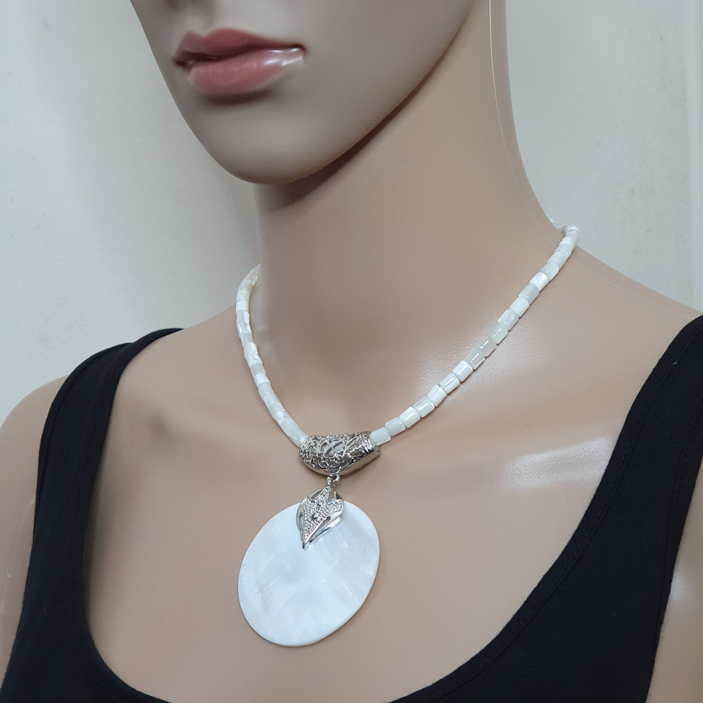 White Mother Of Pearl Beaded Collar Necklace Large Round Pendant