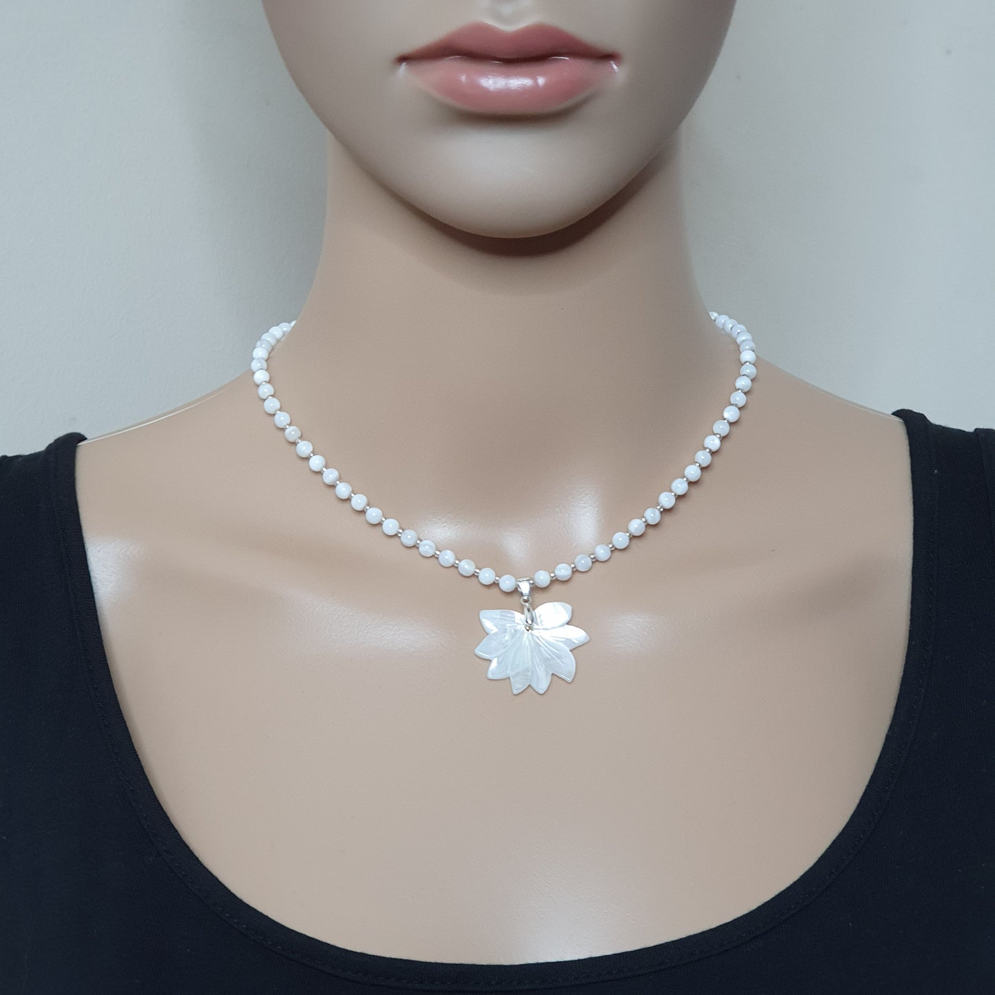 White Lotus Flower Necklace Natural Beaded Mother Of Pearl Carved Shell Pendant