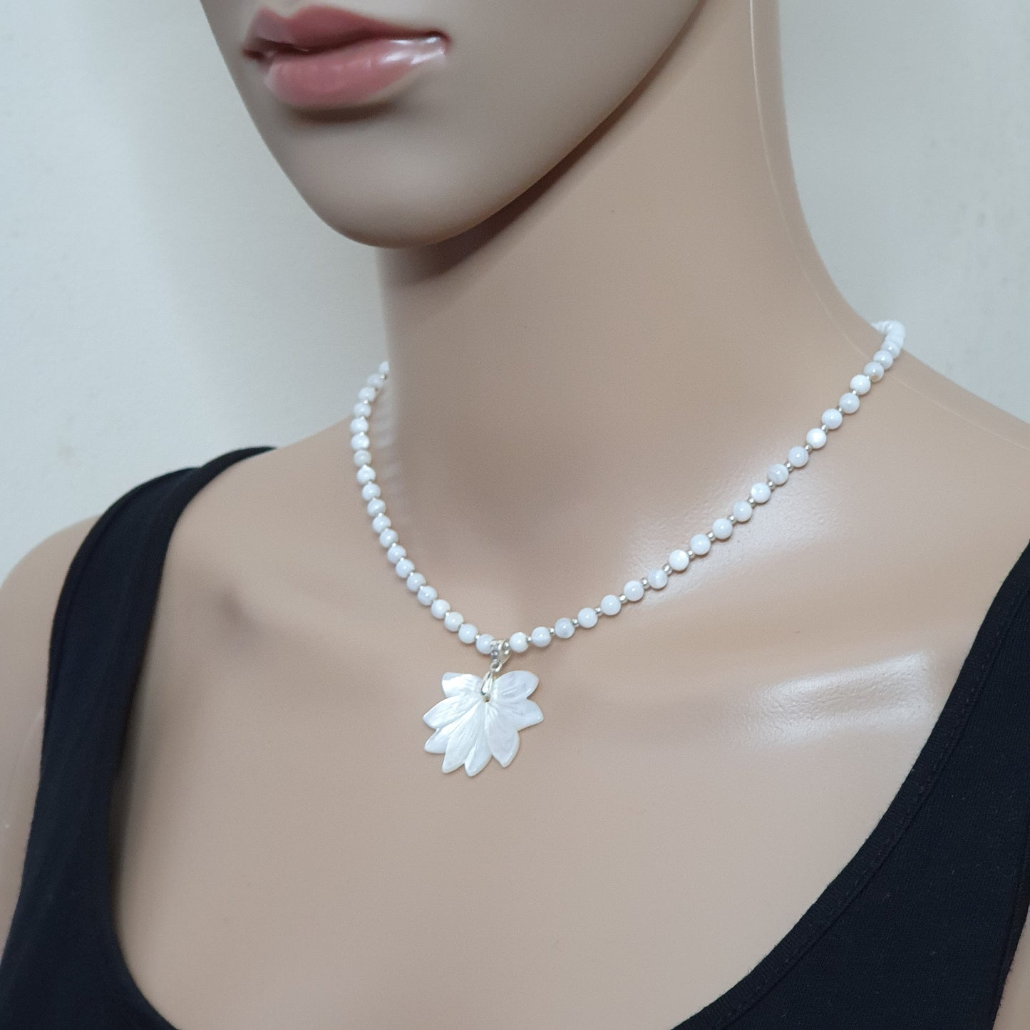 White Lotus Flower Necklace Natural Beaded Mother Of Pearl Carved Shell Pendant