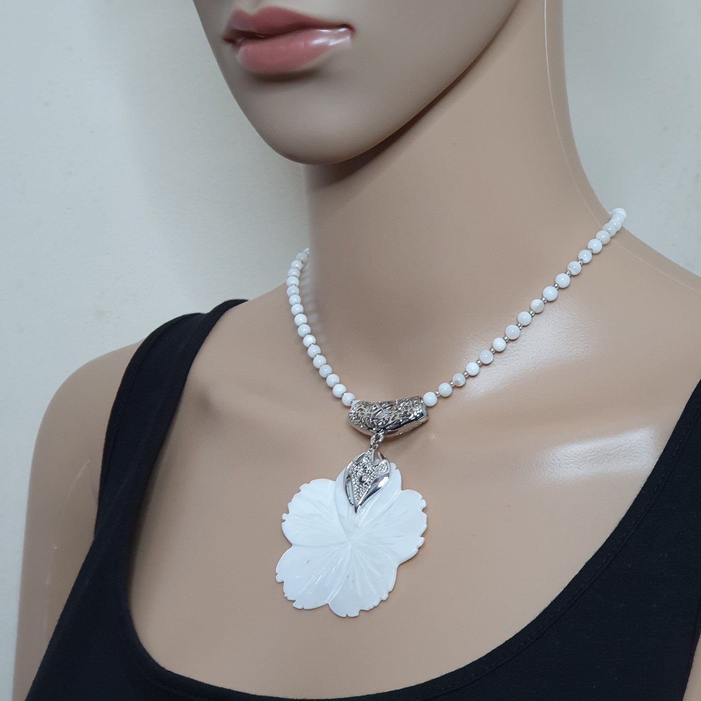 White Mother Of Pearl Beaded Collar Necklace Large Flower Pendant