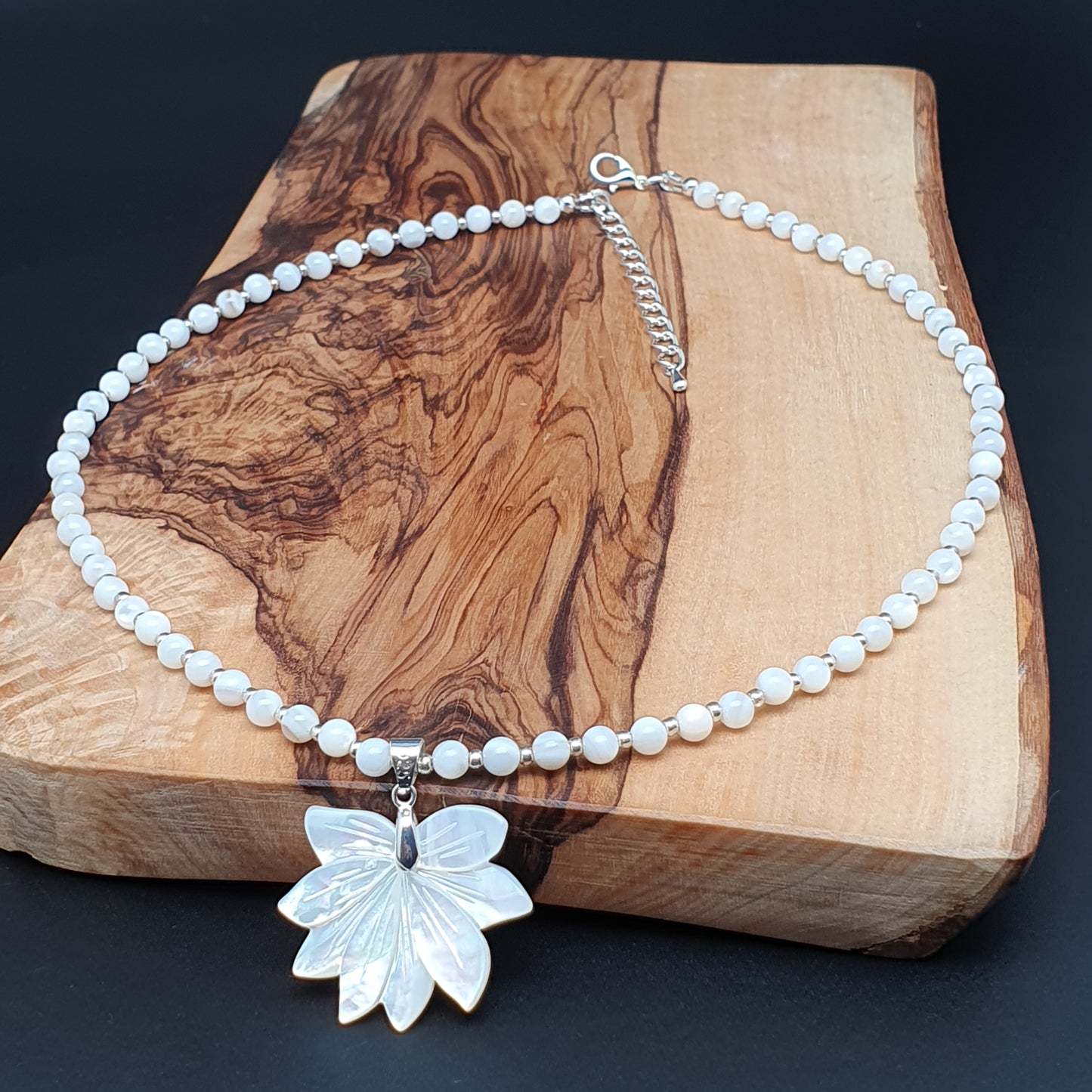 White Lotus Flower Necklace Natural Beaded Mother Of Pearl Carved Shell Pendant