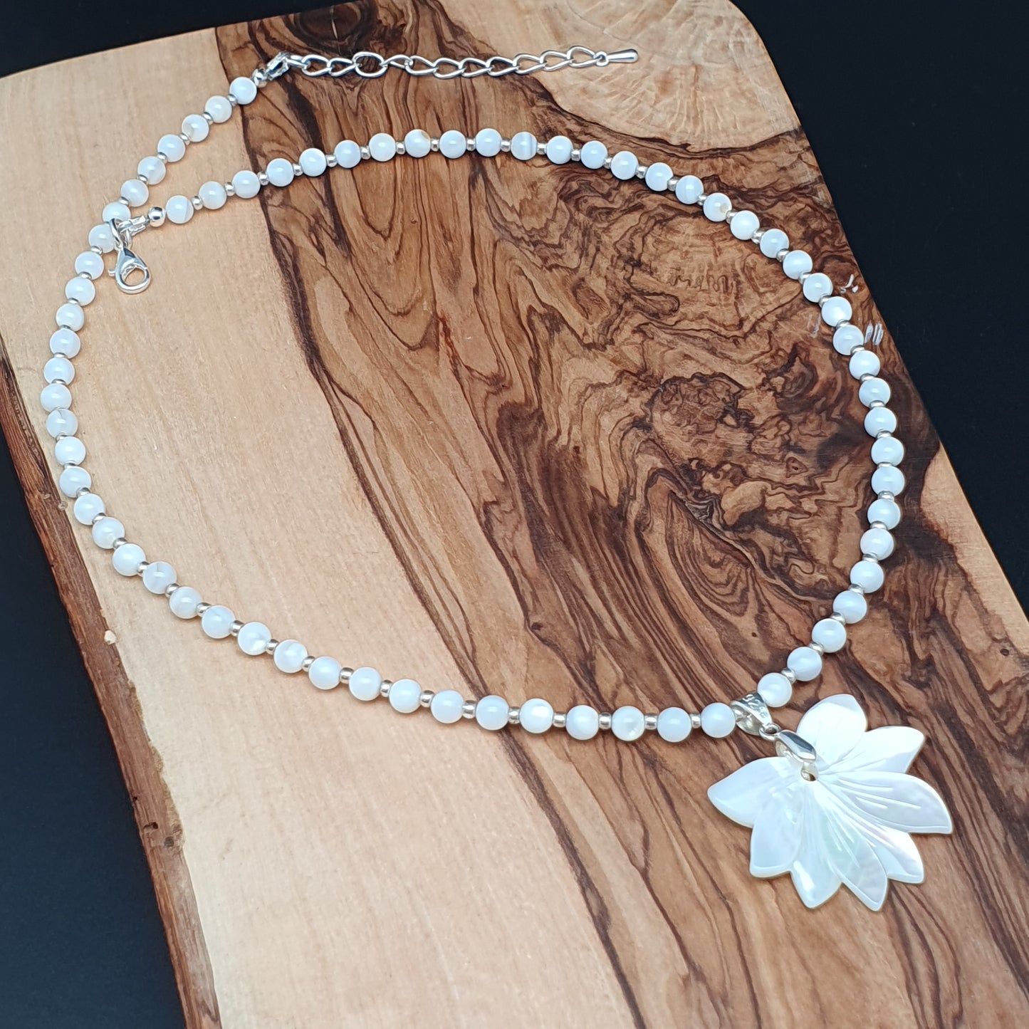 White Lotus Flower Necklace Natural Beaded Mother Of Pearl Carved Shell Pendant