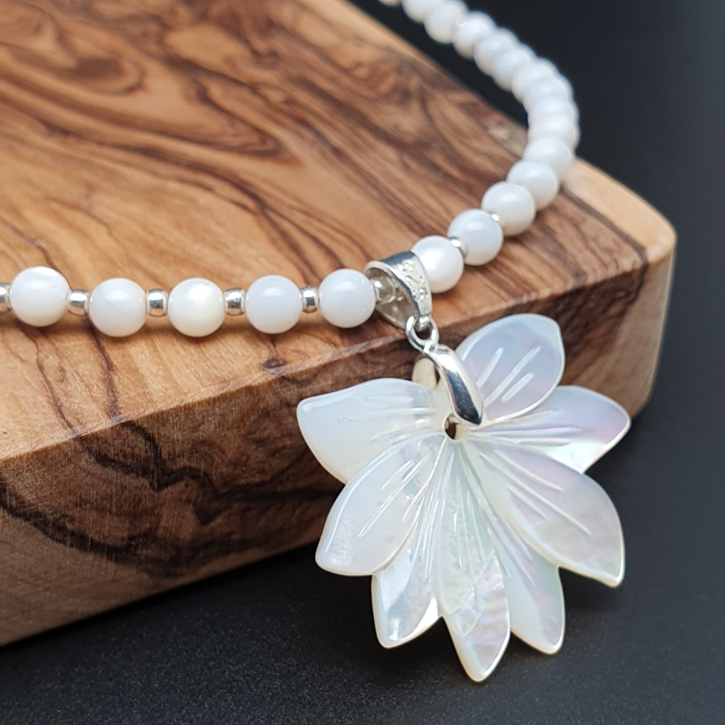 White Lotus Flower Necklace Natural Beaded Mother Of Pearl Carved Shell Pendant