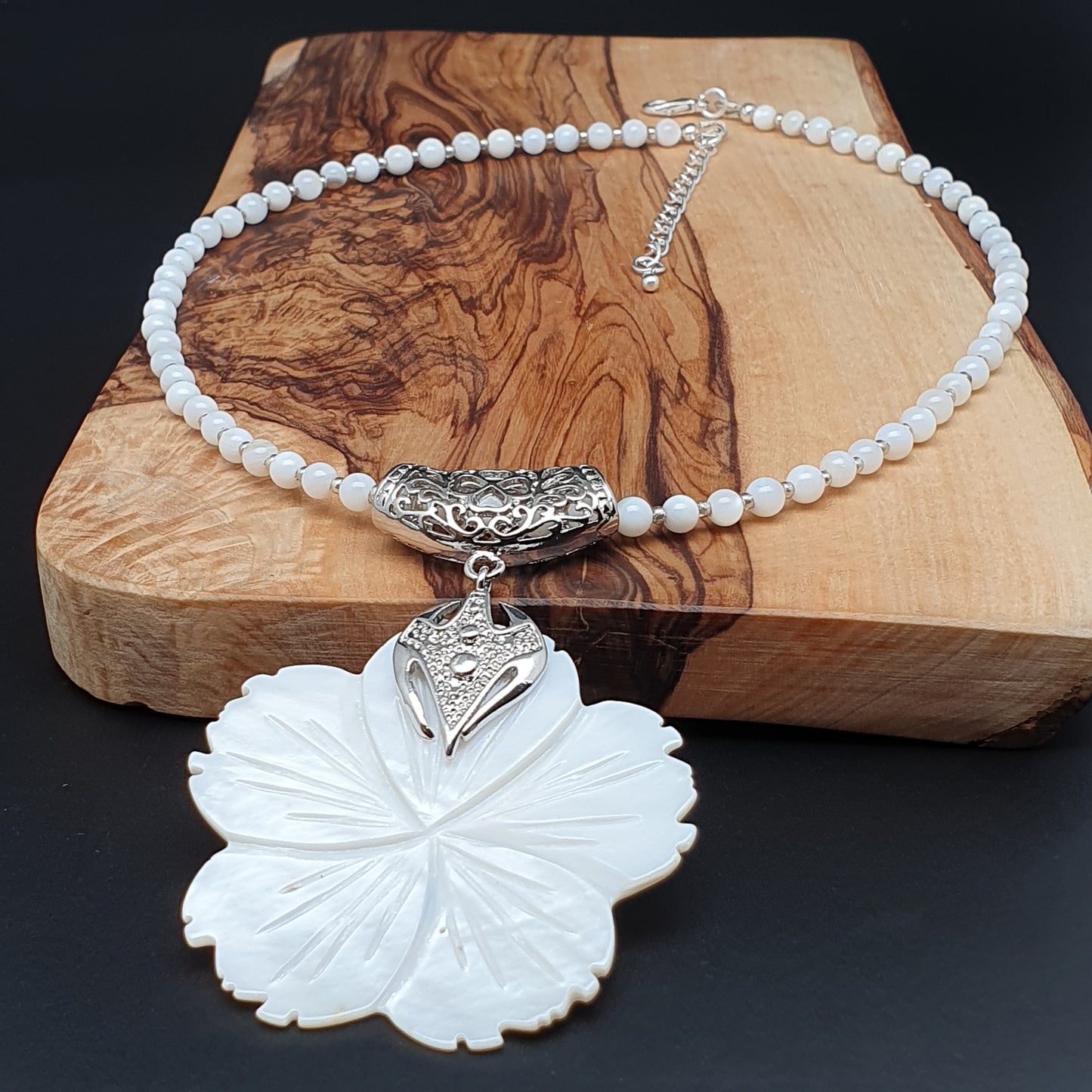 White Mother Of Pearl Beaded Collar Necklace Large Flower Pendant