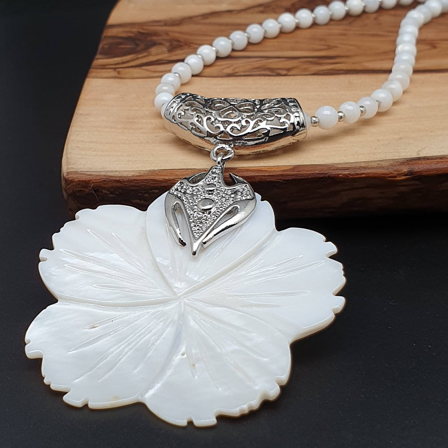 White Mother Of Pearl Beaded Collar Necklace Large Flower Pendant