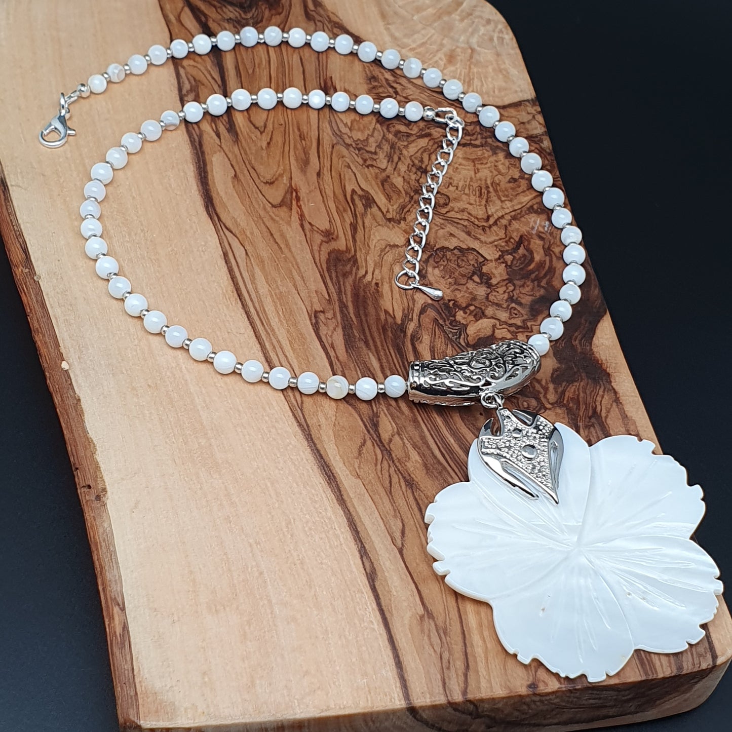 White Mother Of Pearl Beaded Collar Necklace Large Flower Pendant