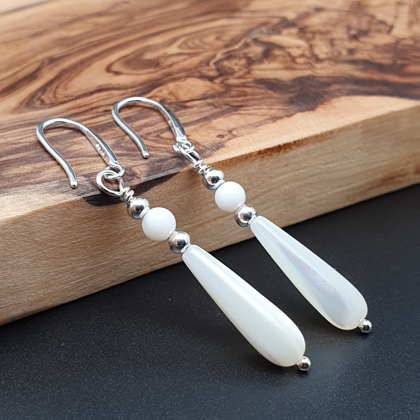 White Mother Of Pearl Teardrop Earrings Dangle Drop