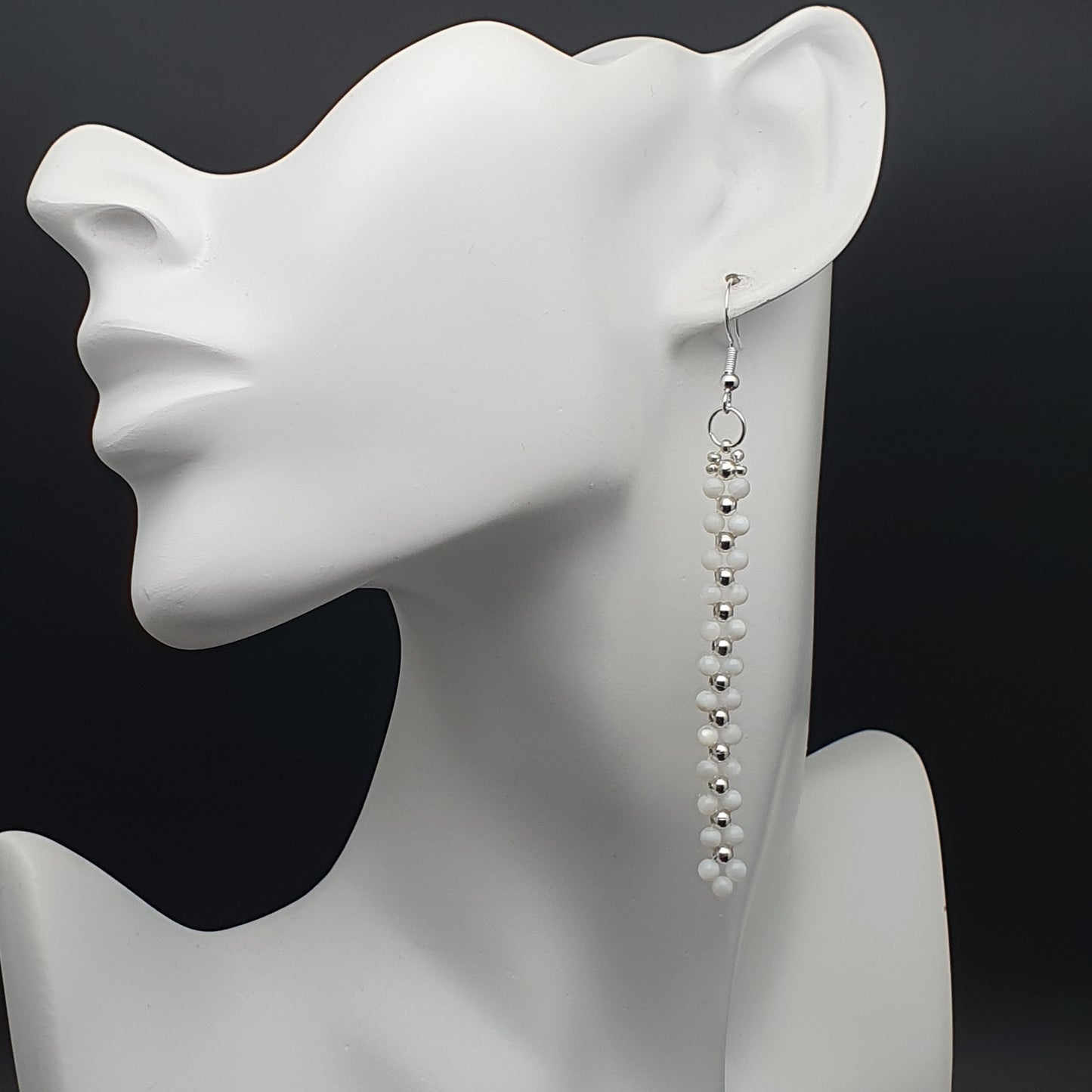 Long White Beaded Earrings Natural Mother Of Pearl Dangle Drop