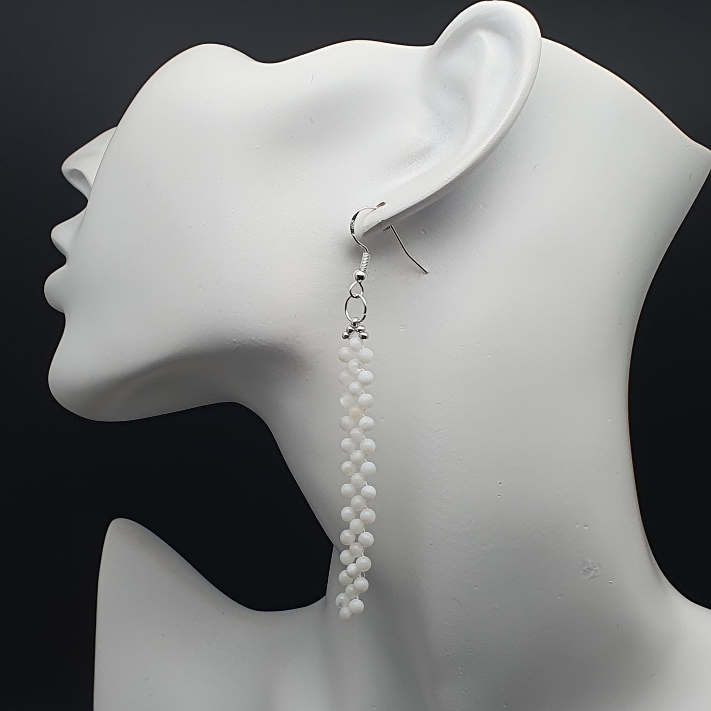 Long White Beaded Earrings Natural Mother Of Pearl Dangle Drop