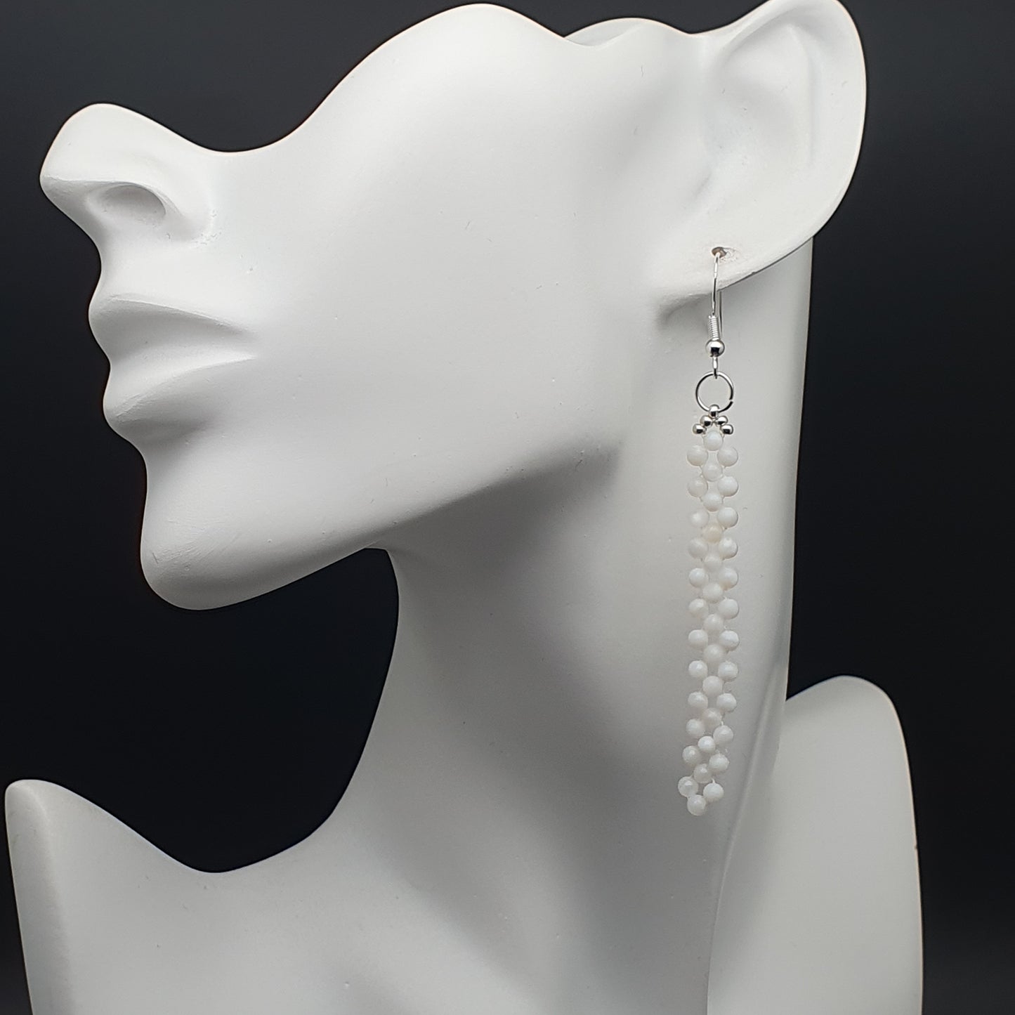 Long White Beaded Earrings Natural Mother Of Pearl Dangle Drop