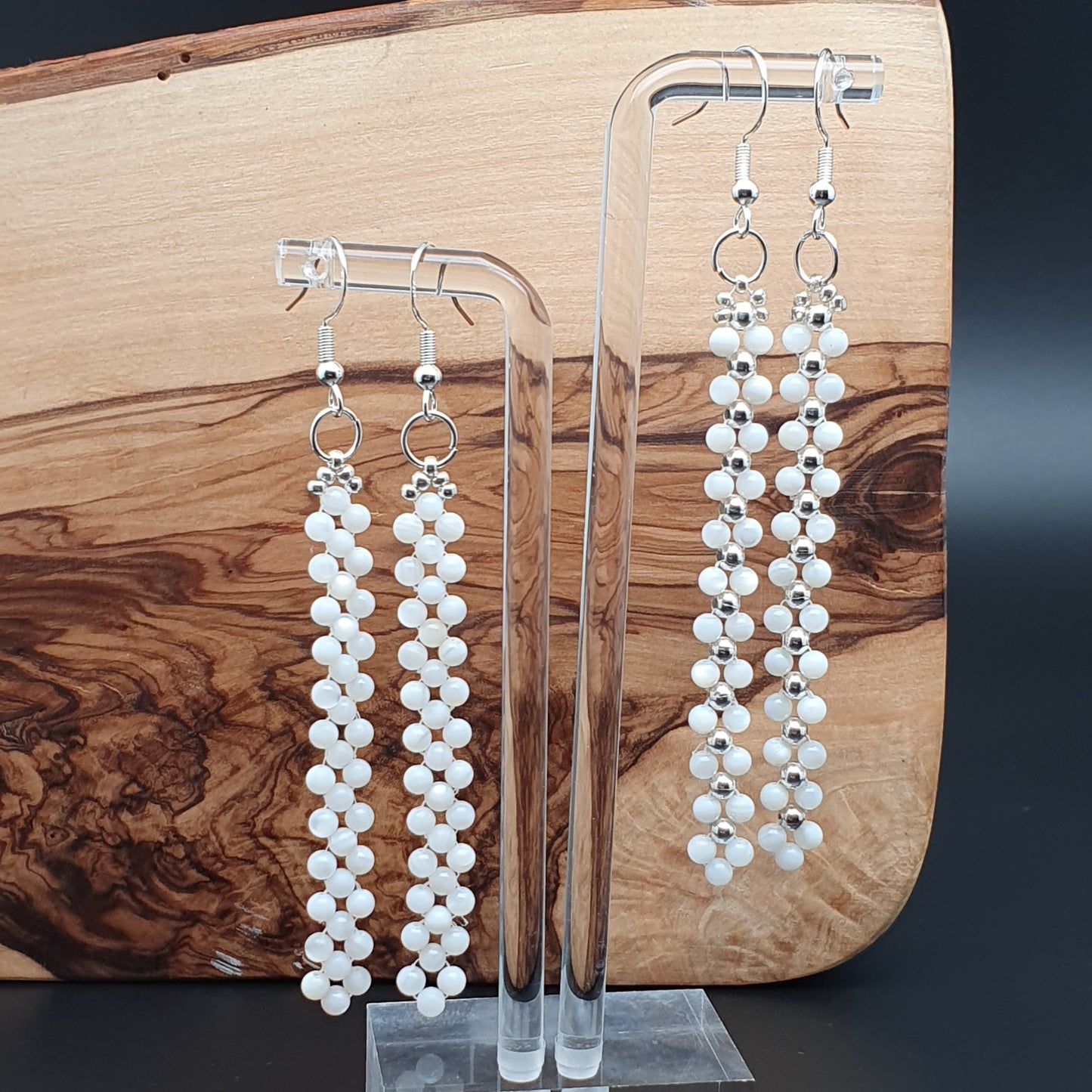 Long White Beaded Earrings Natural Mother Of Pearl Dangle Drop