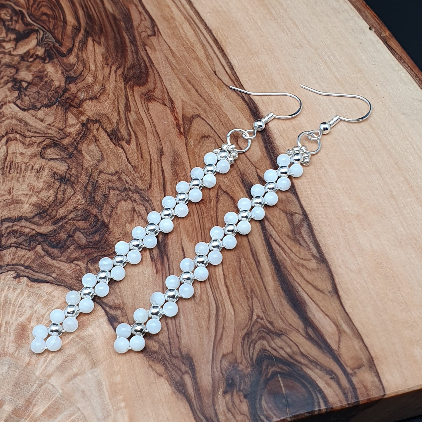 Long White Beaded Earrings Natural Mother Of Pearl Dangle Drop