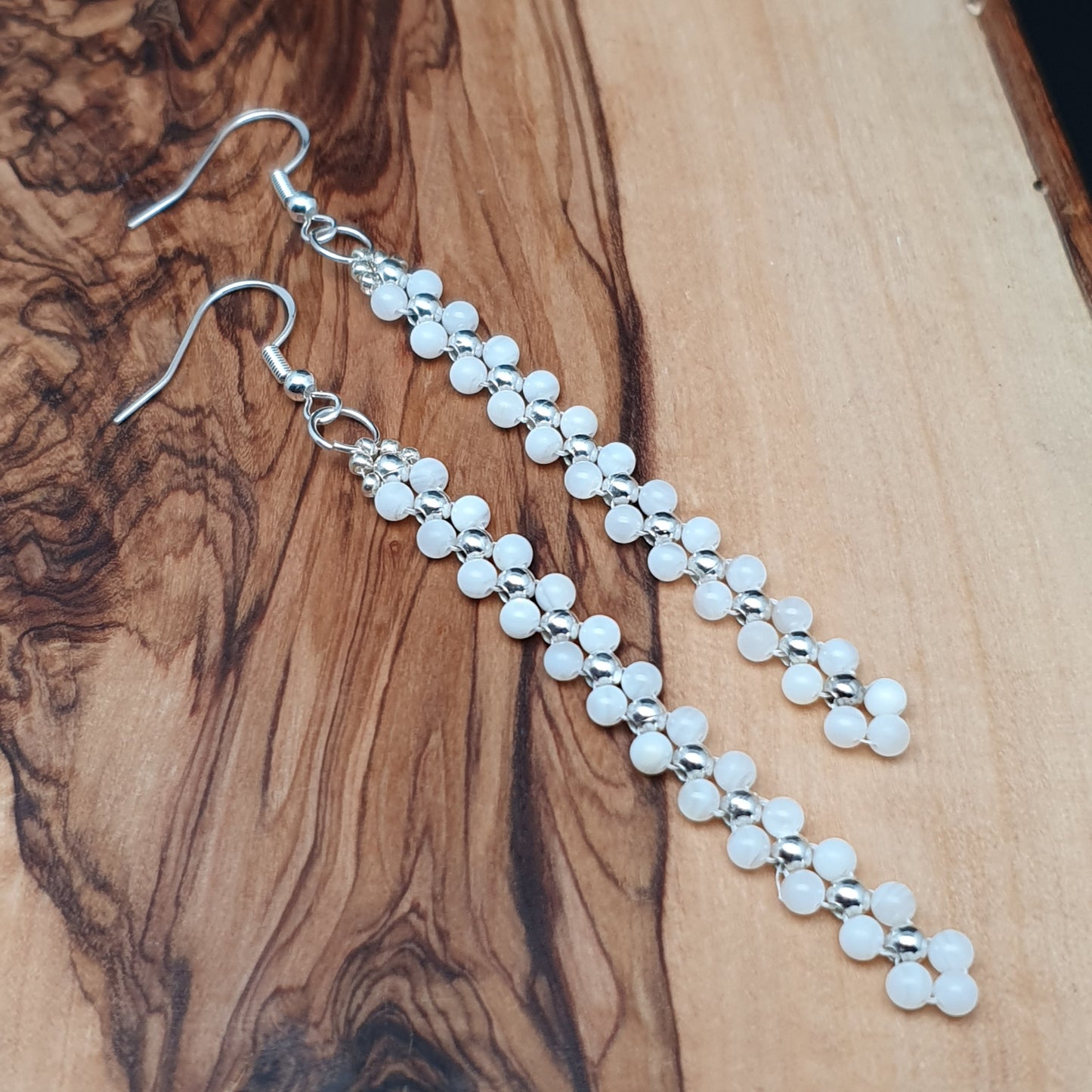 Long White Beaded Earrings Natural Mother Of Pearl Dangle Drop