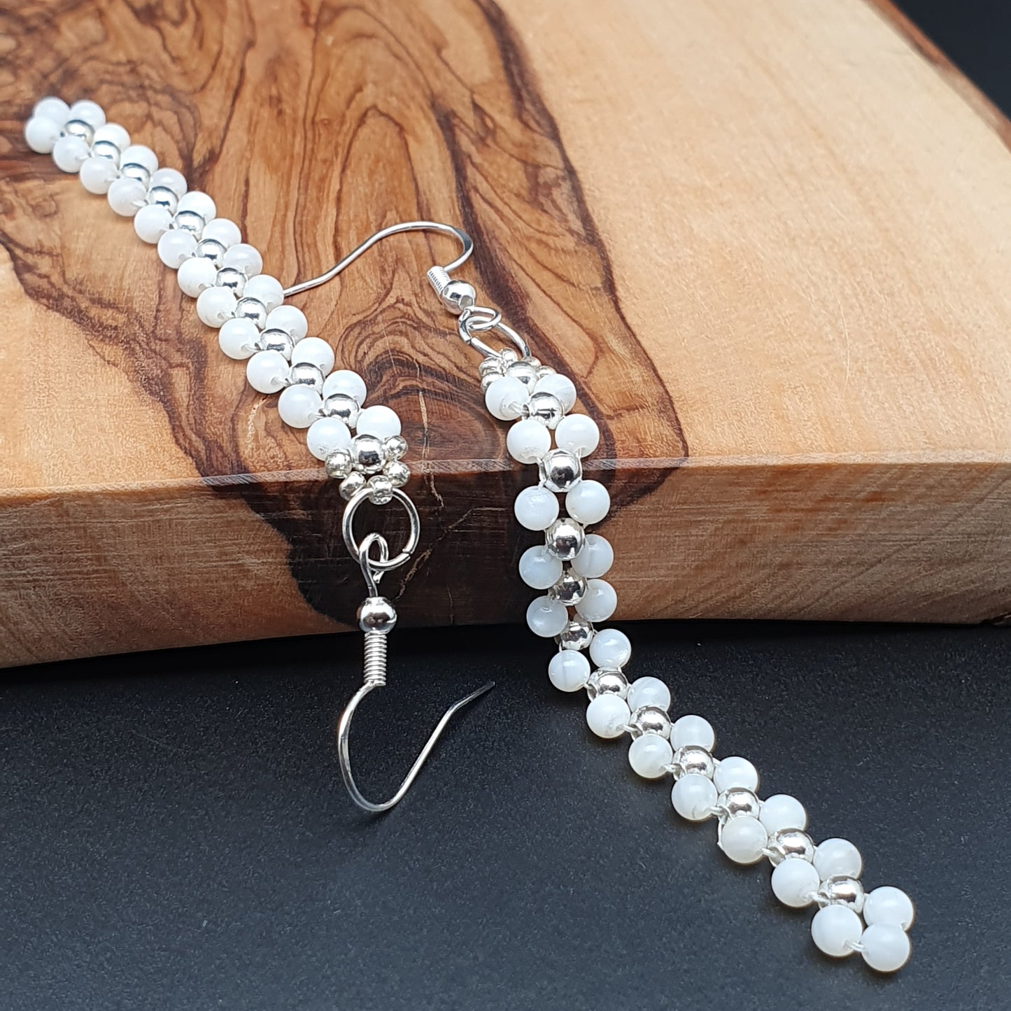 Long White Beaded Earrings Natural Mother Of Pearl Dangle Drop