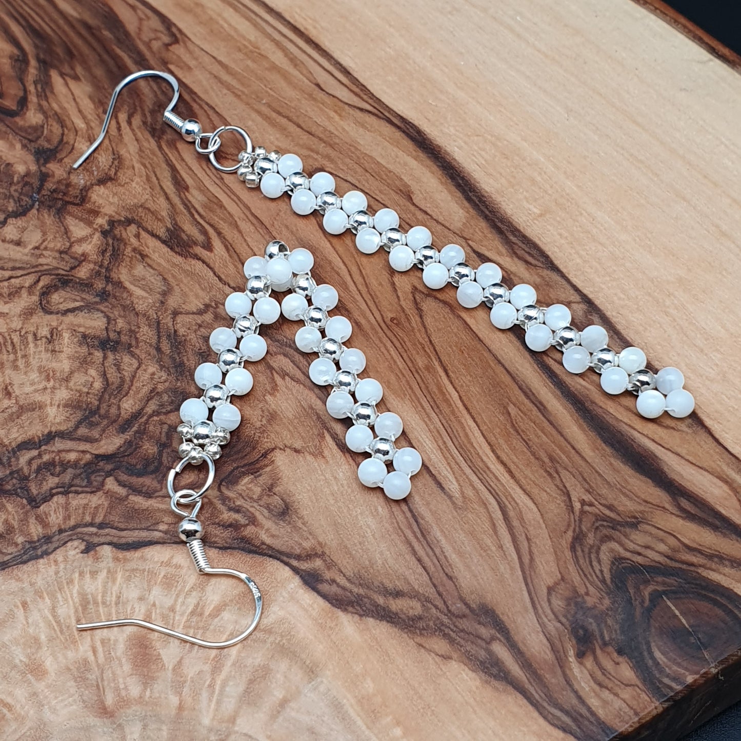 Long White Beaded Earrings Natural Mother Of Pearl Dangle Drop