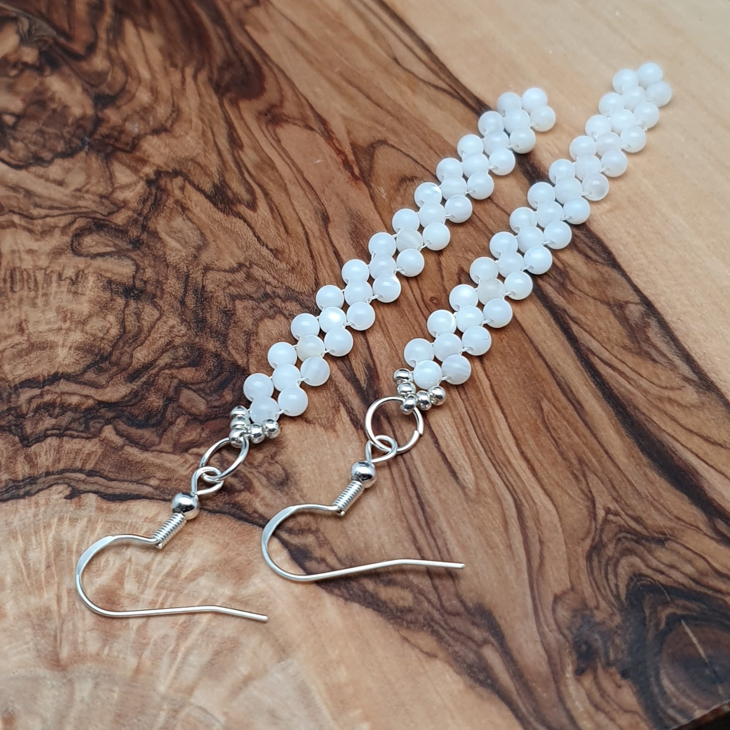 Long White Beaded Earrings Natural Mother Of Pearl Dangle Drop