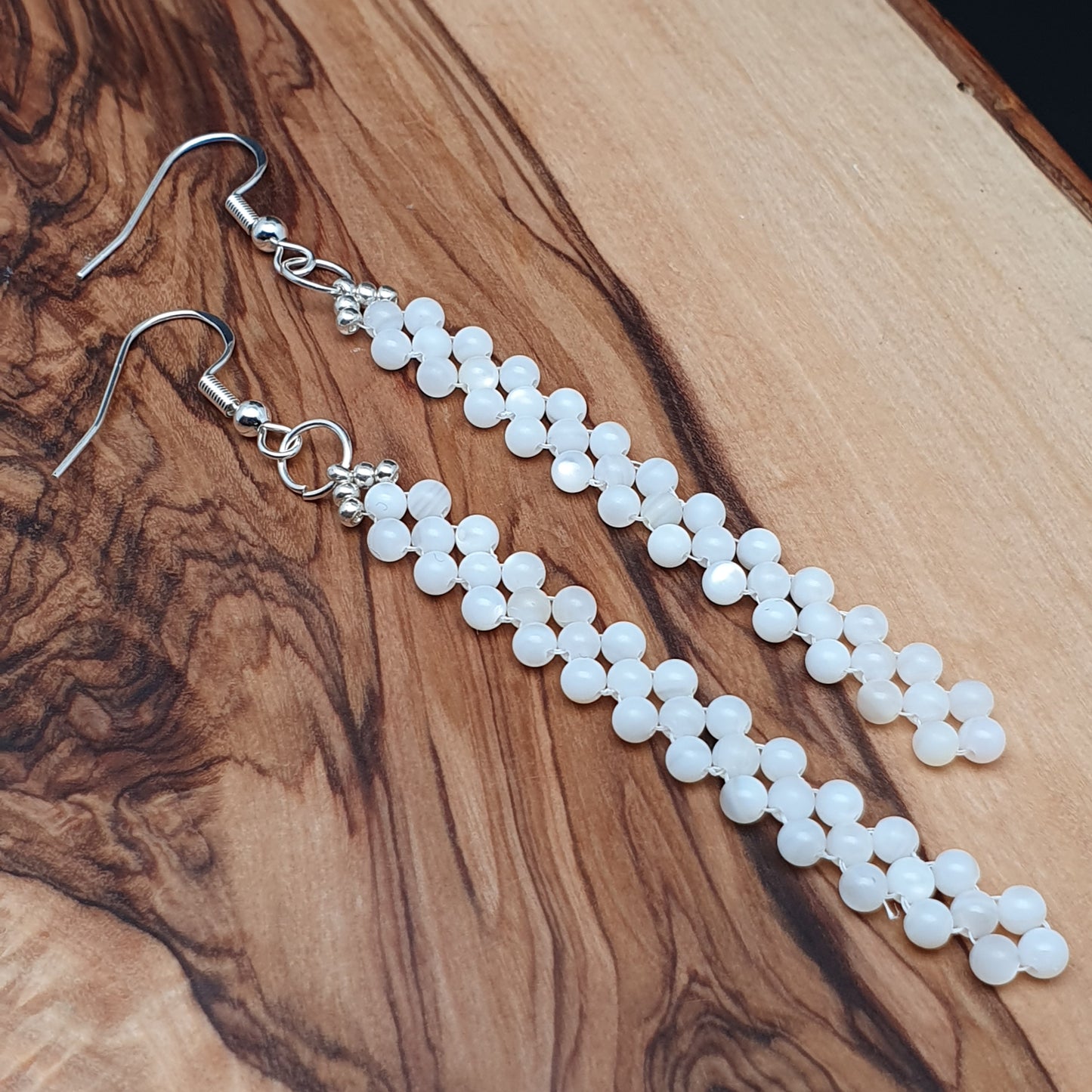 Long White Beaded Earrings Natural Mother Of Pearl Dangle Drop