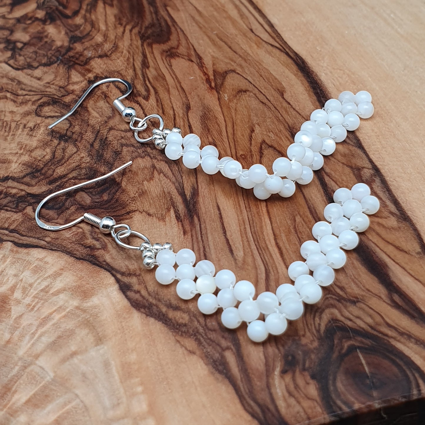 Long White Beaded Earrings Natural Mother Of Pearl Dangle Drop