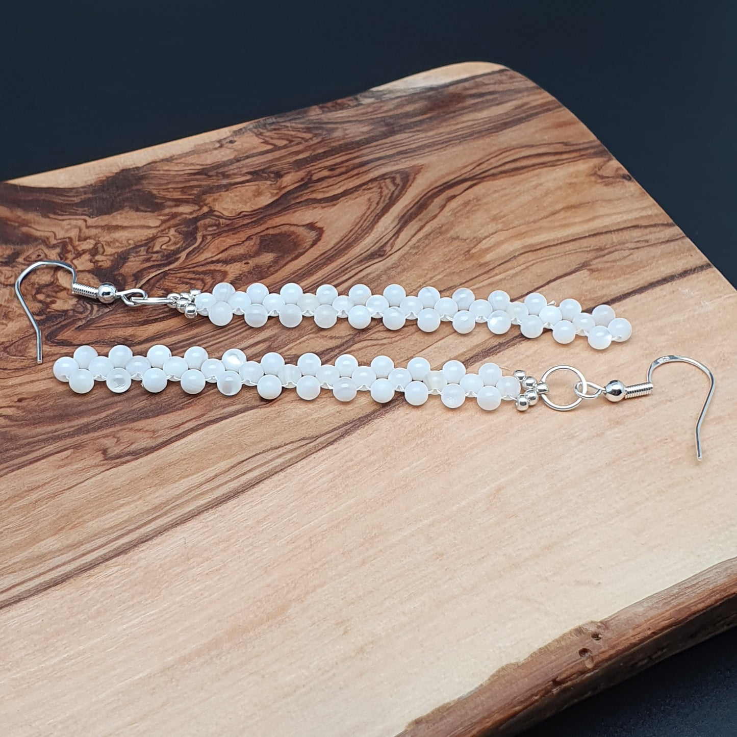 Long White Beaded Earrings Natural Mother Of Pearl Dangle Drop