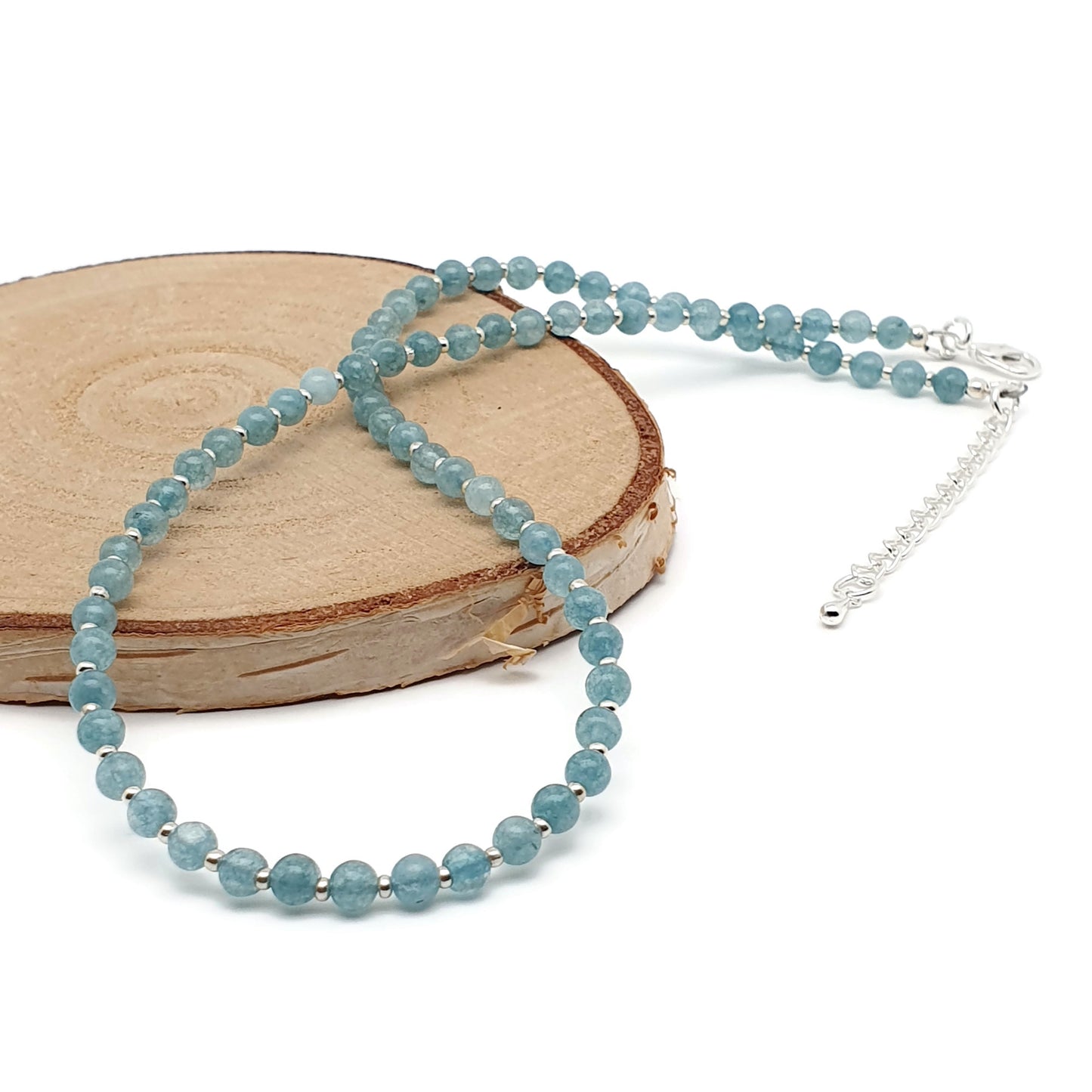 Blue Chalcedony Beaded Collar Necklace Silver Plated