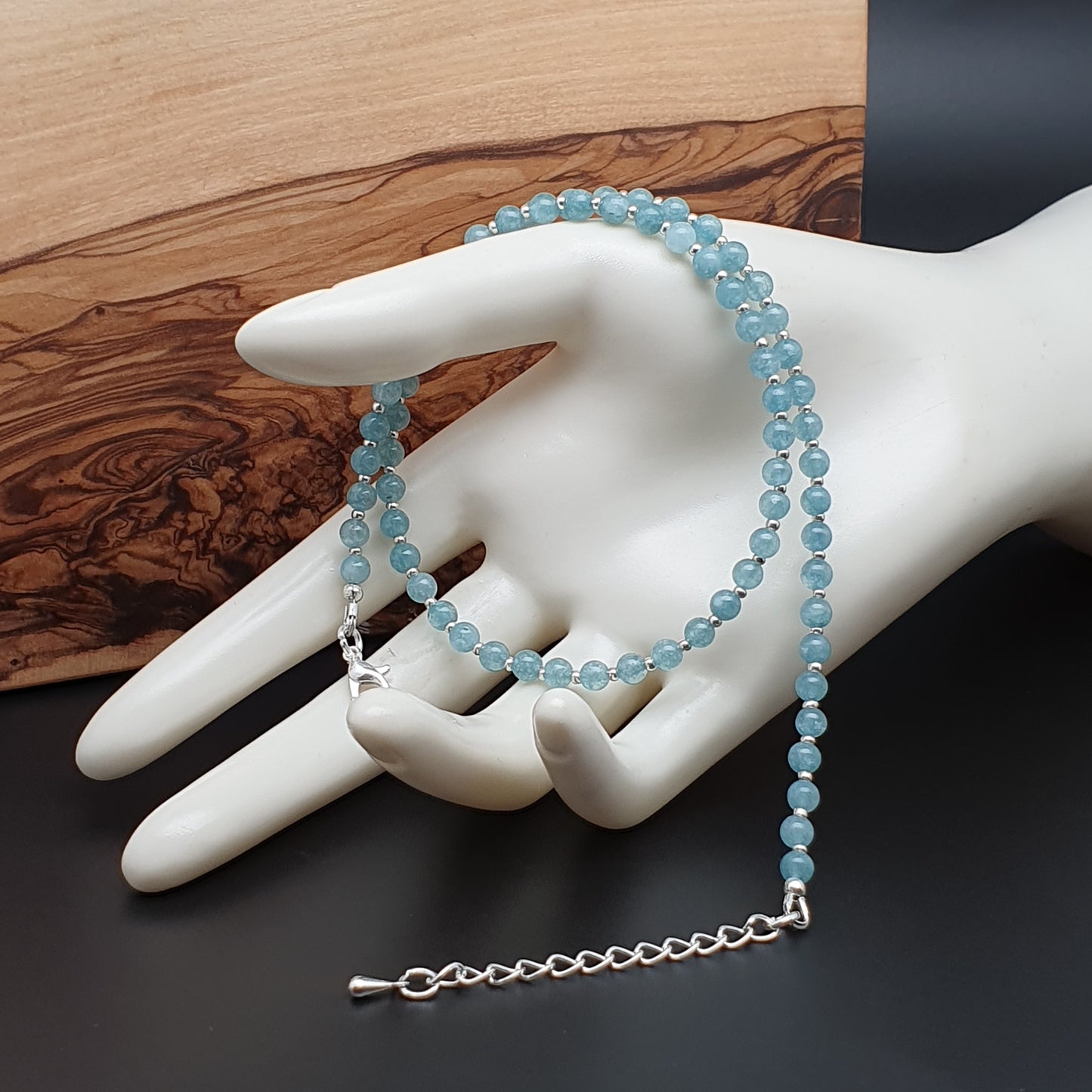 Blue Chalcedony Beaded Collar Necklace Silver Plated