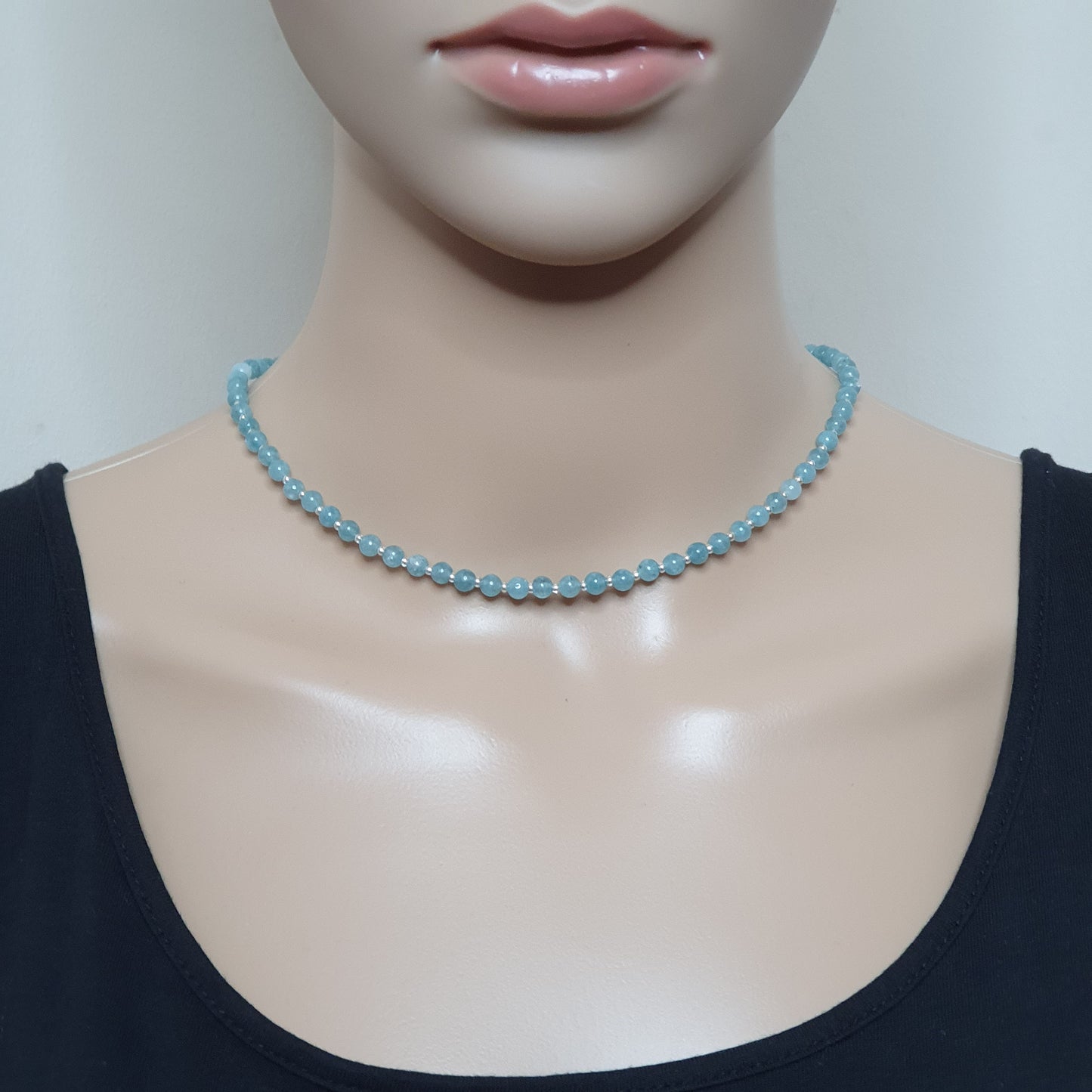 Blue Chalcedony Beaded Collar Necklace Silver Plated