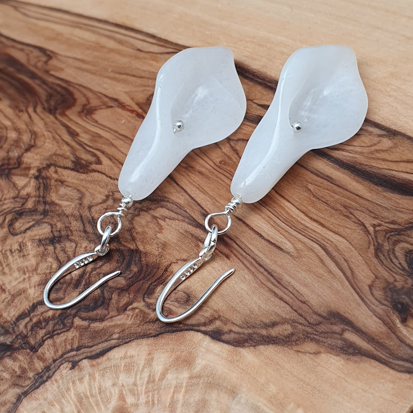 White Jade Calla Lily Flower Beaded Dangle Drop Boho Earrings