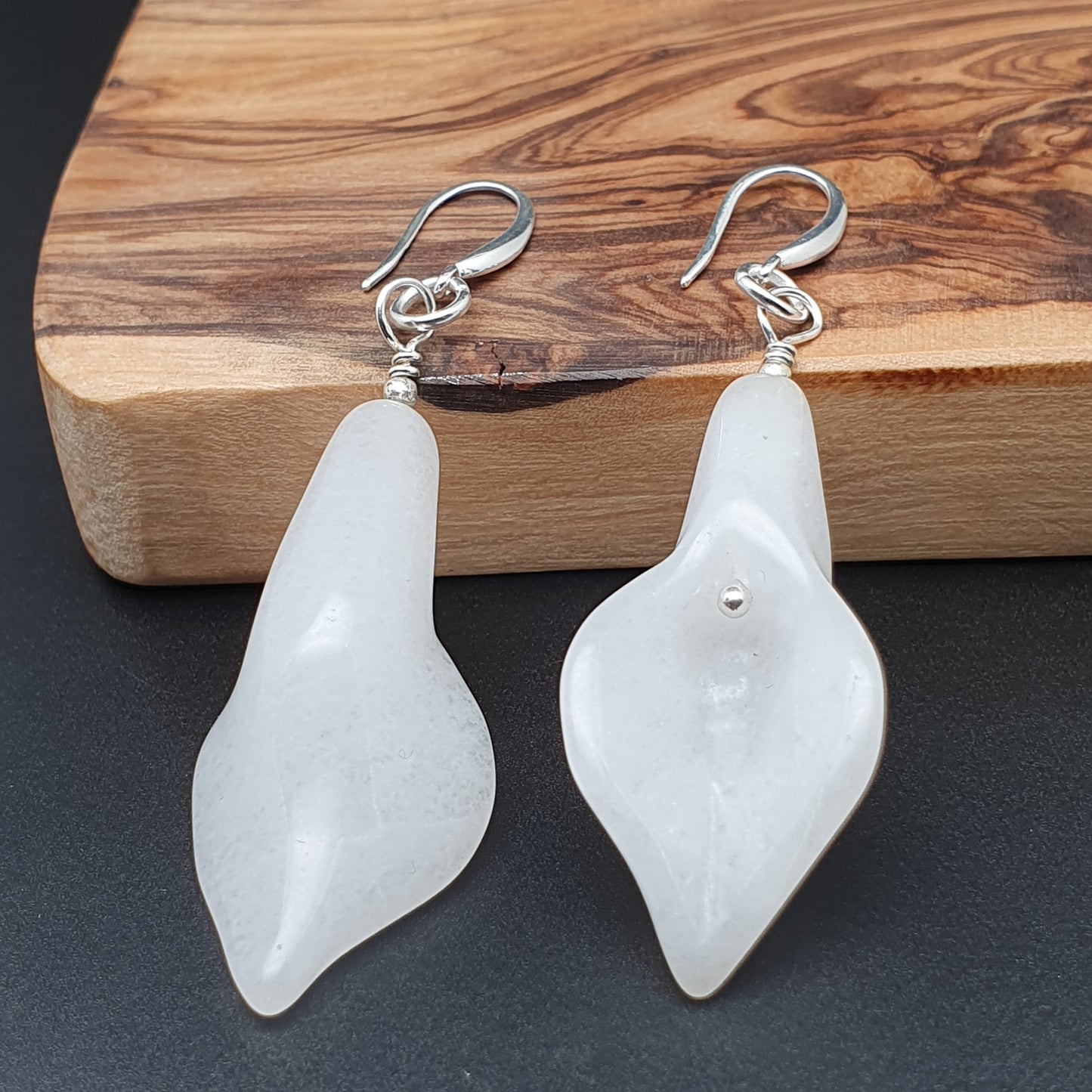 White Jade Calla Lily Flower Beaded Dangle Drop Boho Earrings