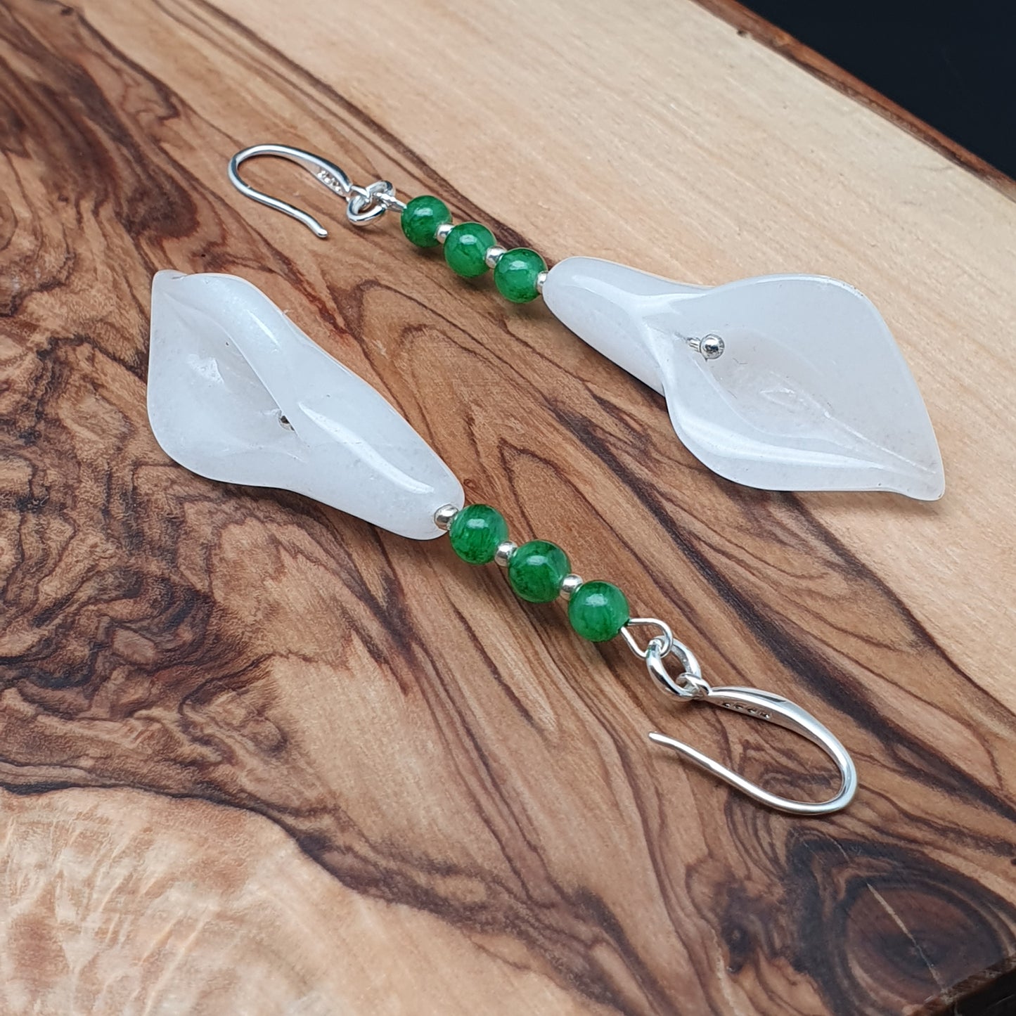 White Jade Calla Lily Flower Beaded Dangle Drop Boho Earrings