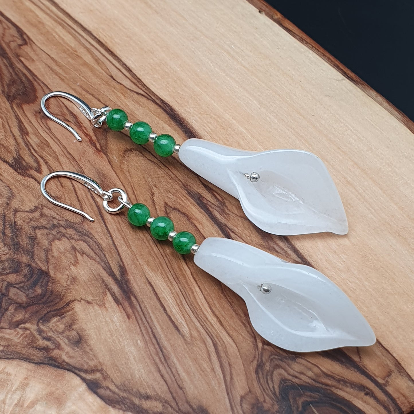 White Jade Calla Lily Flower Beaded Dangle Drop Boho Earrings