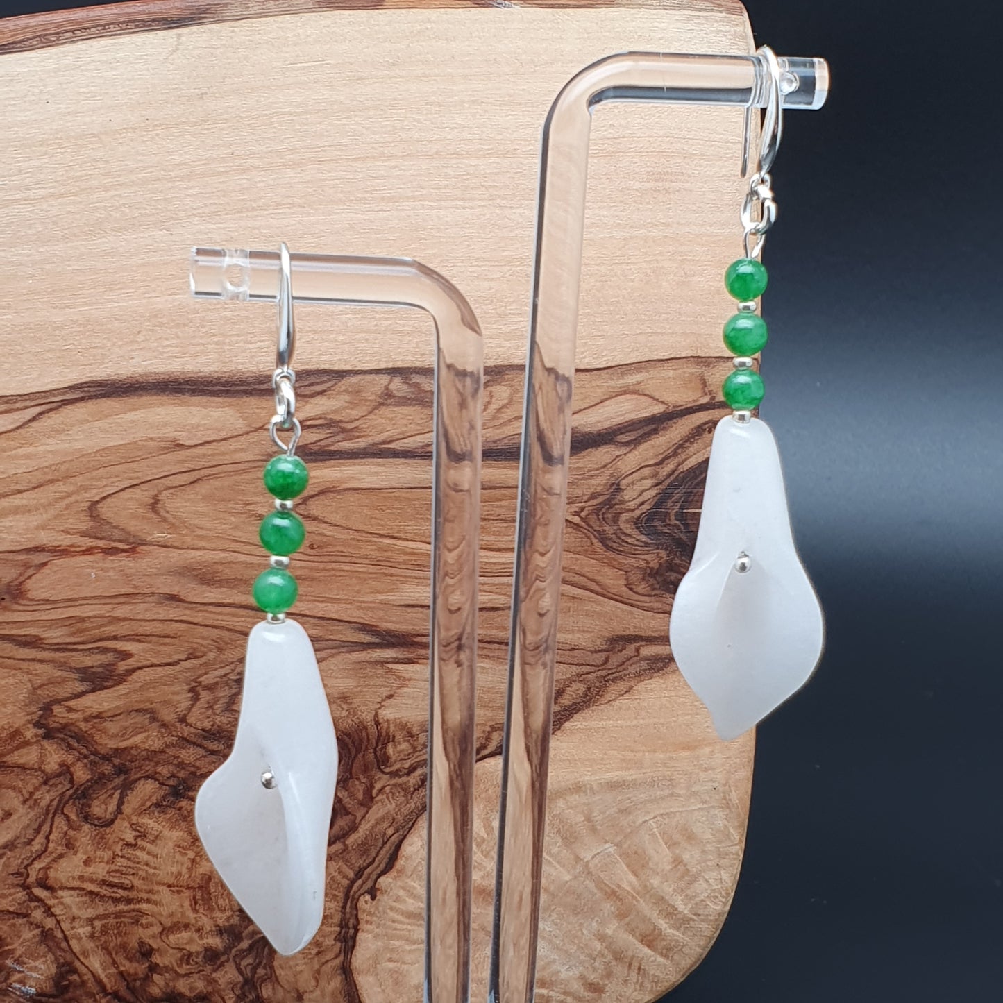 White Jade Calla Lily Flower Beaded Dangle Drop Boho Earrings