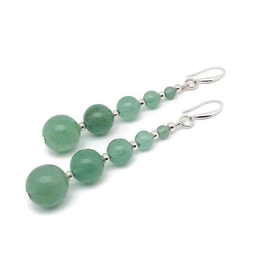 Green Aventurine Long Dangle Drop Beaded Graduated Boho Earrings