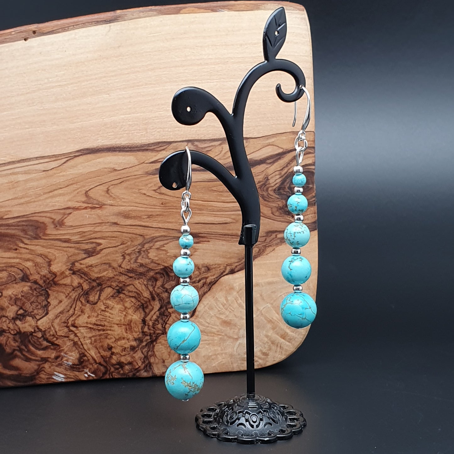 Blue Turquoise Beaded Graduated Long Dangle Drop Boho Earrings