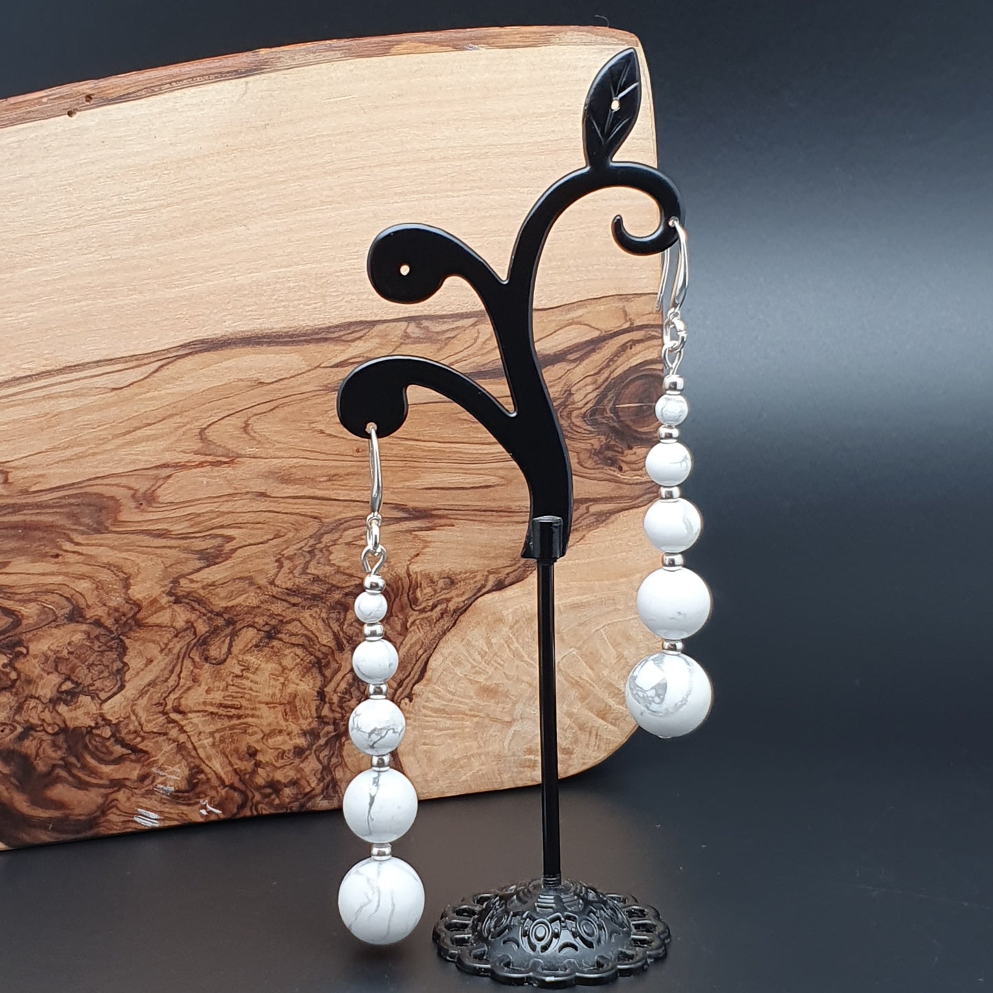 White Howlite Beaded Graduated Boho Earrings Long Dangle Drop