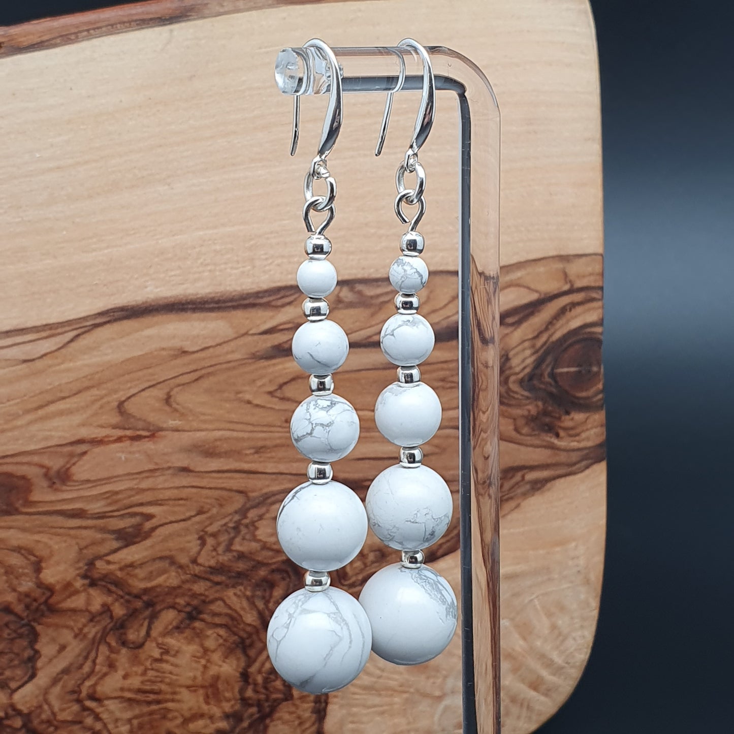 White Howlite Beaded Graduated Boho Earrings Long Dangle Drop