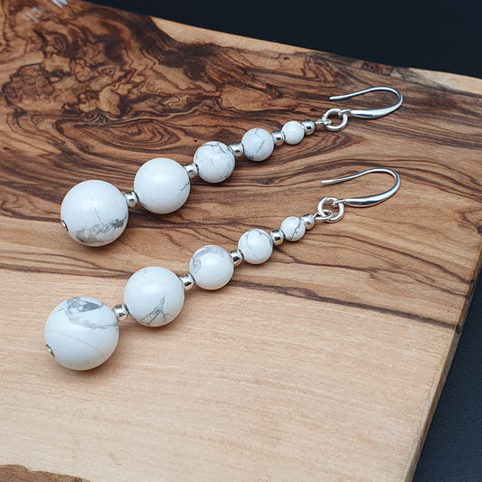 White Howlite Beaded Graduated Boho Earrings Long Dangle Drop